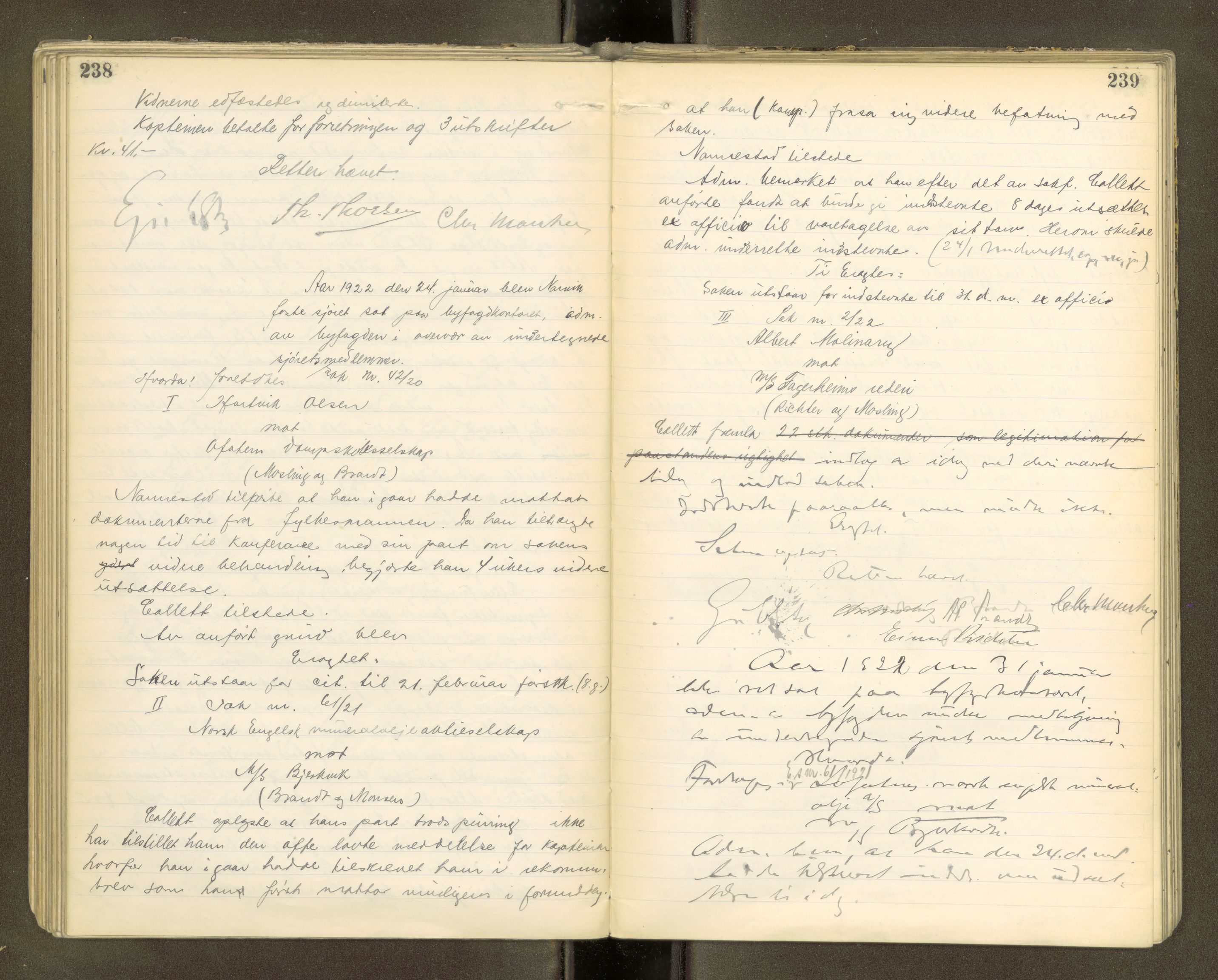 Narvik sorenskriveri, AV/SAT-A-0002/1/1/1B/L0005: Ekstrarettsprotokoll, 1920-1924, p. 238-239