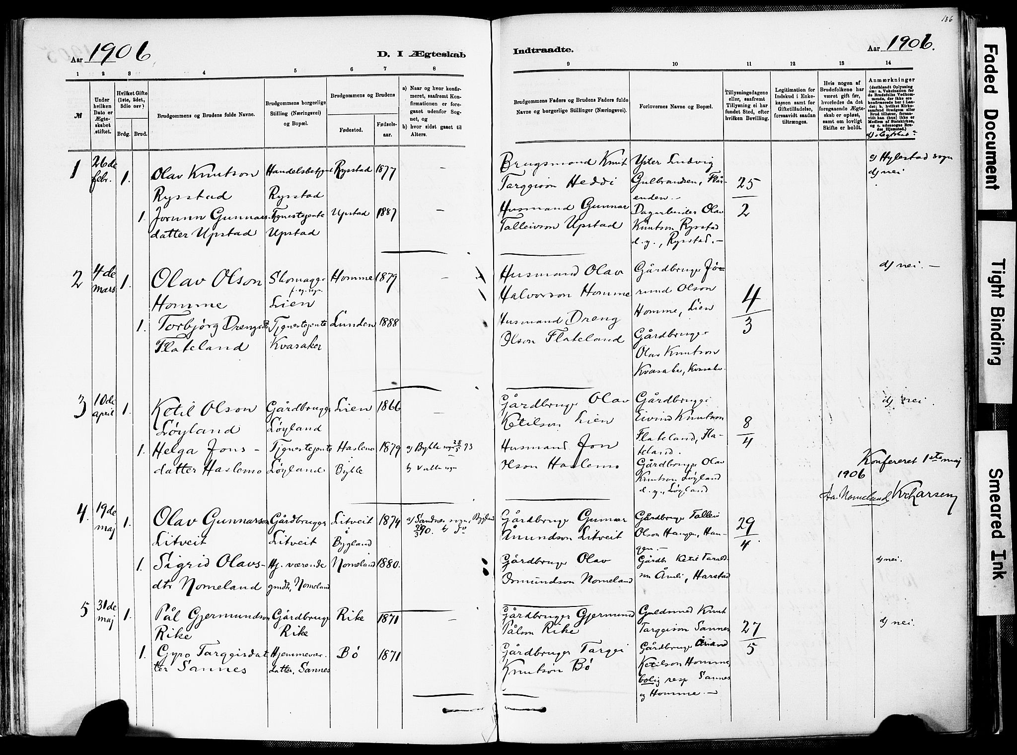 Valle sokneprestkontor, SAK/1111-0044/F/Fa/Fac/L0009: Parish register (official) no. A 9, 1882-1913, p. 186