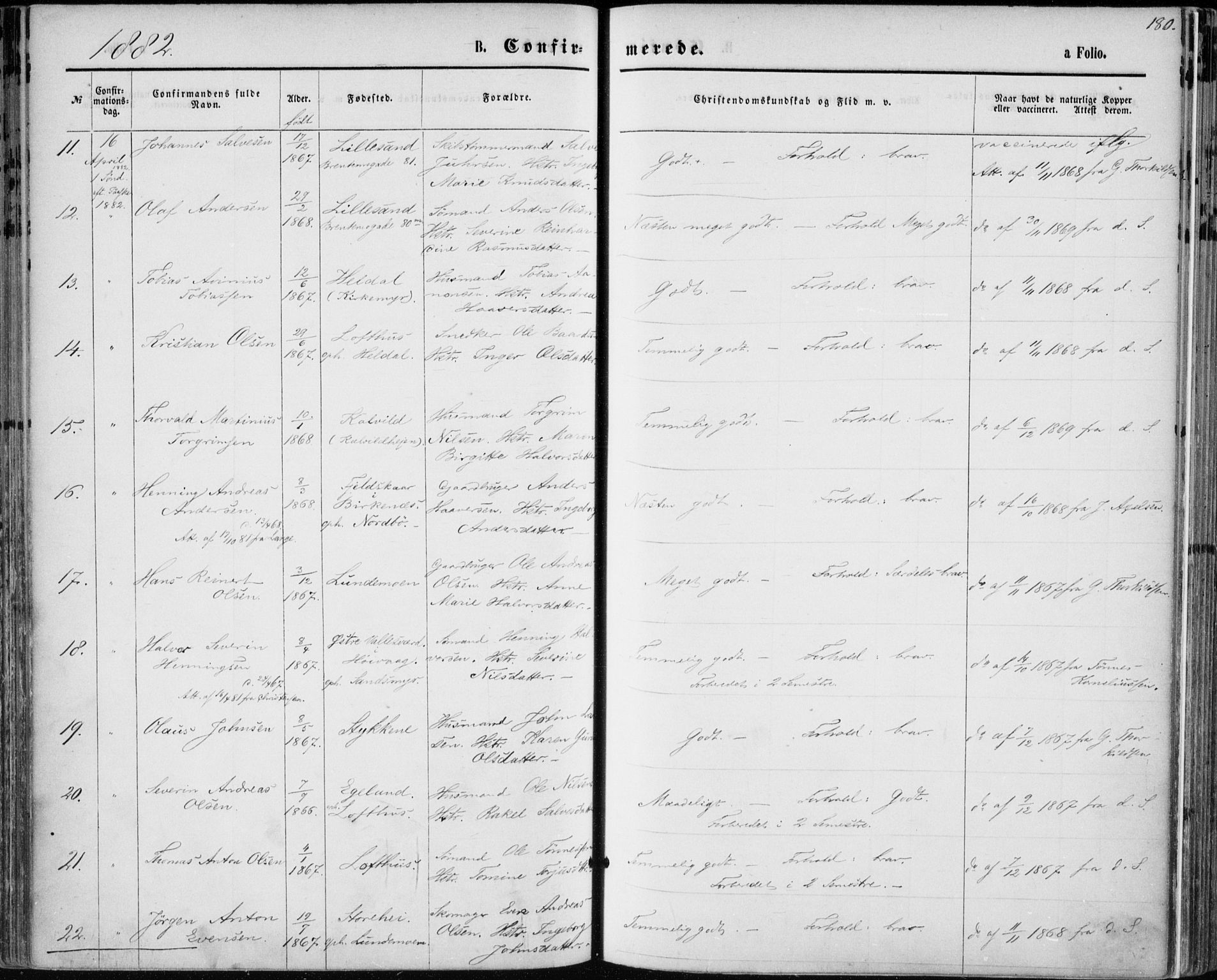 Vestre Moland sokneprestkontor, AV/SAK-1111-0046/F/Fa/Fab/L0008: Parish register (official) no. A 8, 1873-1883, p. 180