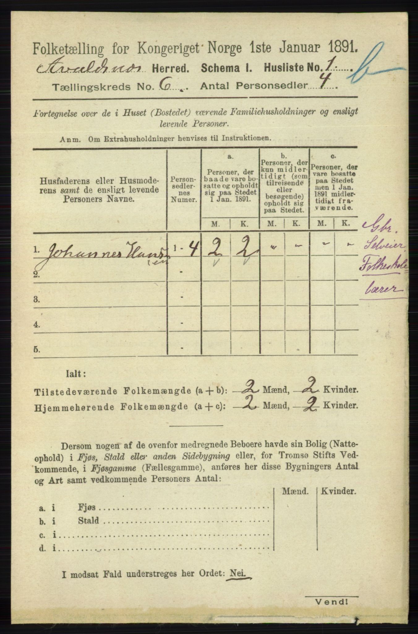 RA, 1891 census for 1147 Avaldsnes, 1891, p. 3169