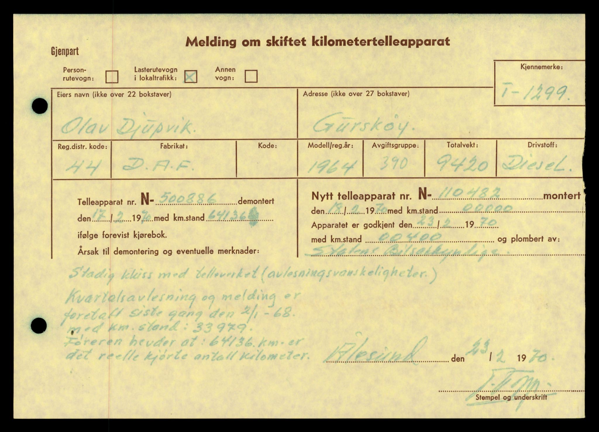 Møre og Romsdal vegkontor - Ålesund trafikkstasjon, SAT/A-4099/F/Fe/L0012: Registreringskort for kjøretøy T 1290 - T 1450, 1927-1998, p. 167