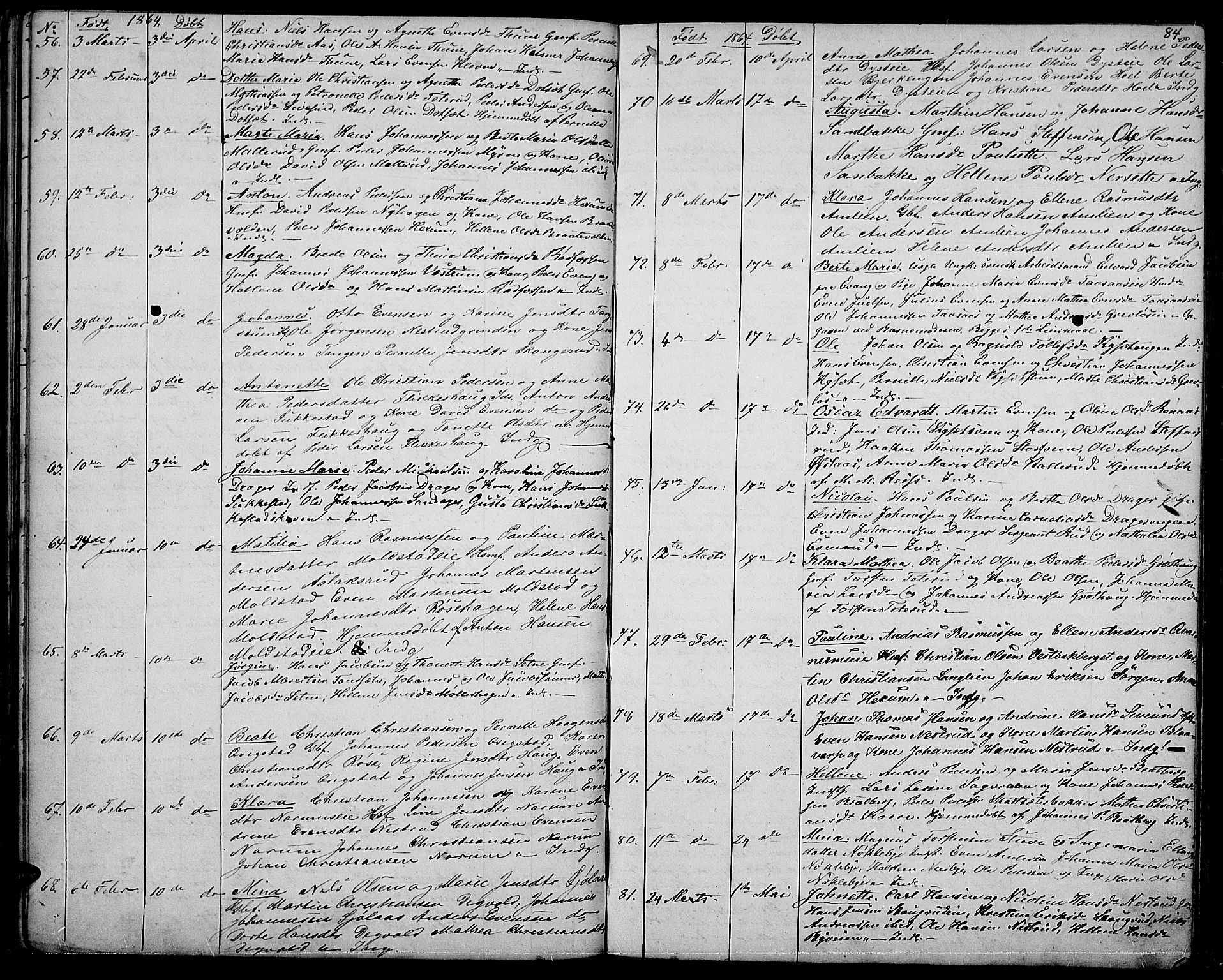 Vestre Toten prestekontor, AV/SAH-PREST-108/H/Ha/Hab/L0005: Parish register (copy) no. 5, 1854-1870, p. 84