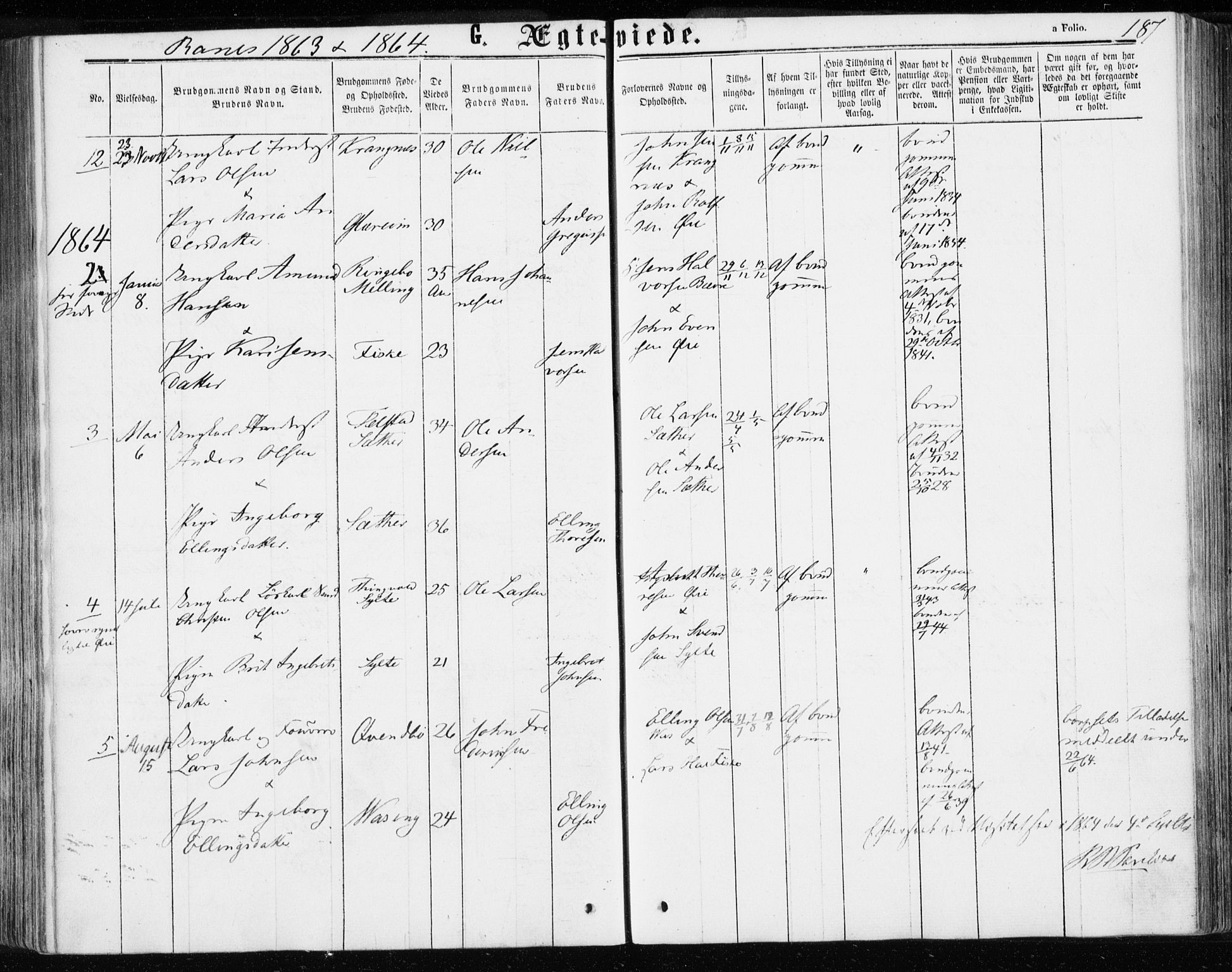 Ministerialprotokoller, klokkerbøker og fødselsregistre - Møre og Romsdal, SAT/A-1454/595/L1045: Parish register (official) no. 595A07, 1863-1873, p. 187