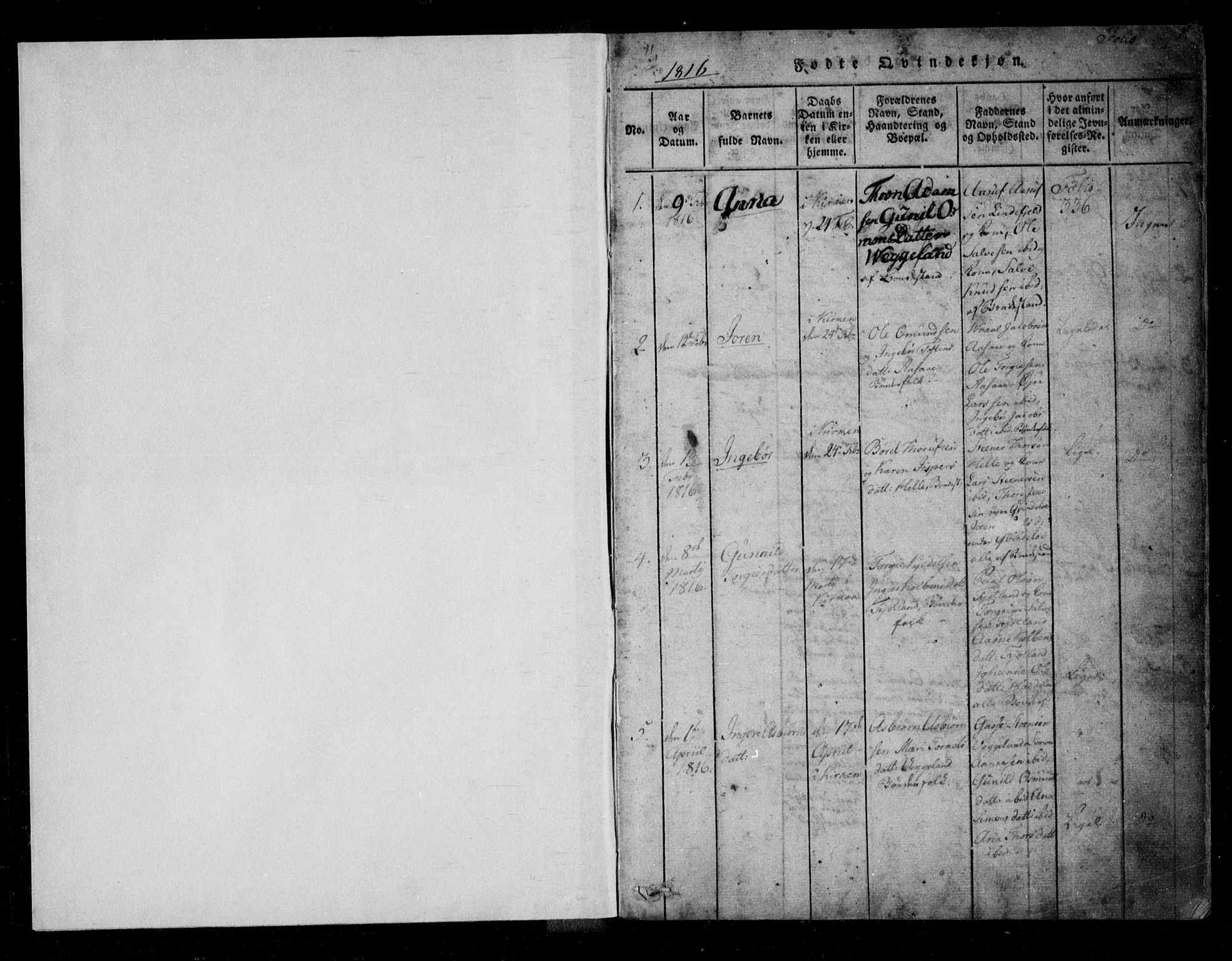 Fjotland sokneprestkontor, SAK/1111-0010/F/Fb/L0001: Parish register (copy) no. B 1, 1816-1849, p. 1