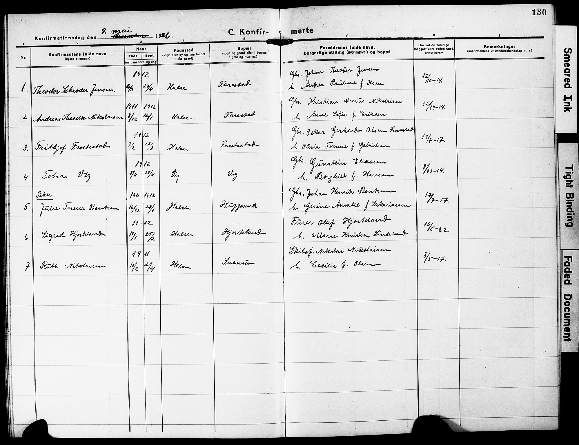 Mandal sokneprestkontor, SAK/1111-0030/F/Fb/Fba/L0013: Parish register (copy) no. B 7, 1918-1931, p. 130