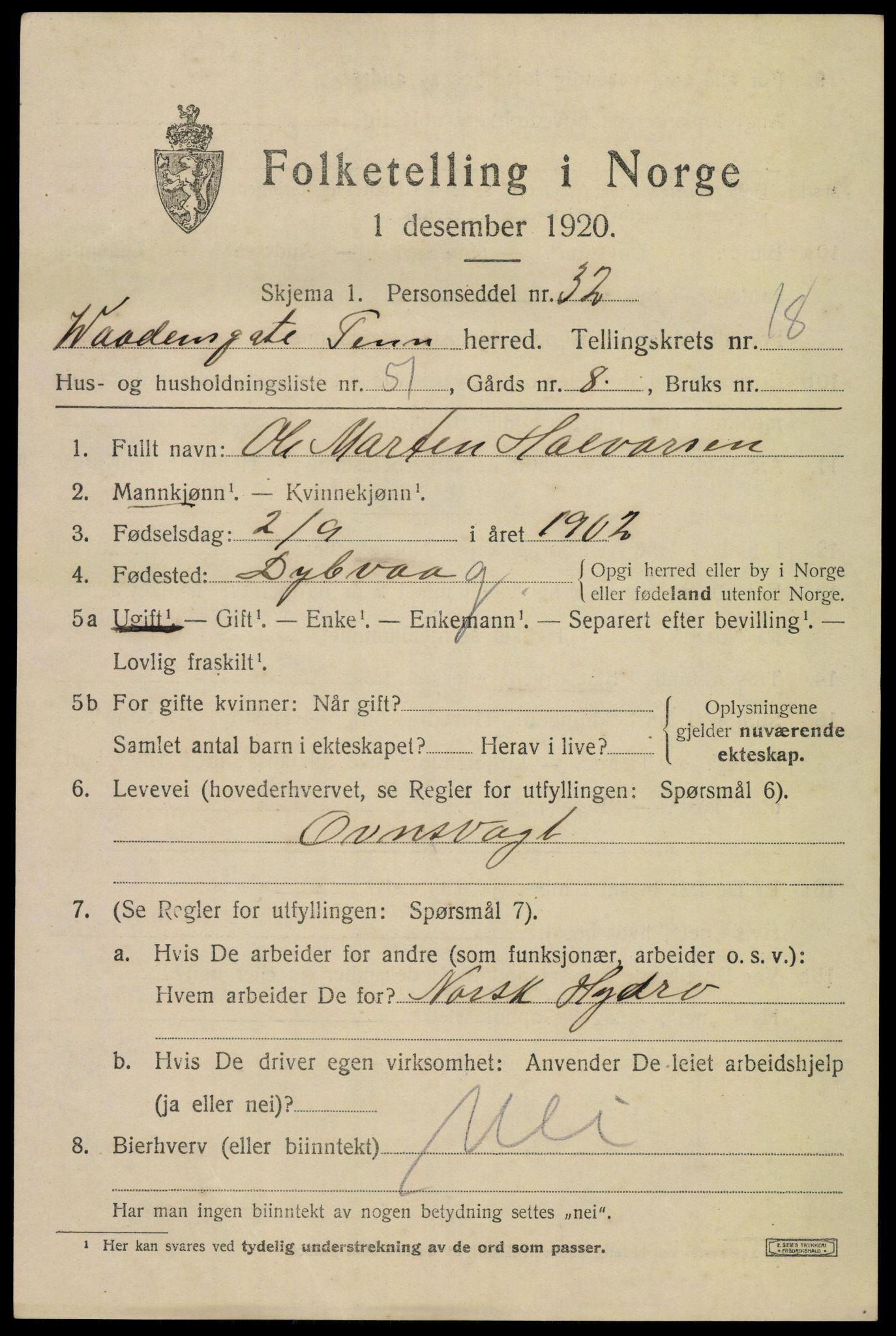SAKO, 1920 census for Tinn, 1920, p. 24866