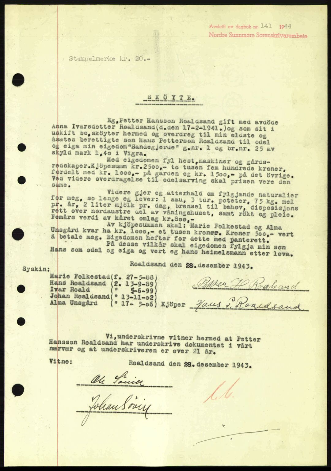 Nordre Sunnmøre sorenskriveri, AV/SAT-A-0006/1/2/2C/2Ca: Mortgage book no. A17, 1943-1944, Diary no: : 141/1944