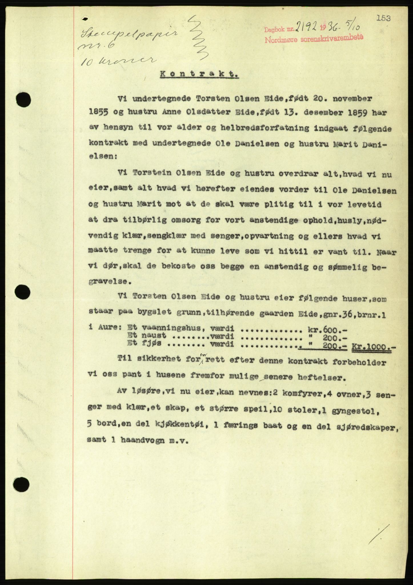 Nordmøre sorenskriveri, AV/SAT-A-4132/1/2/2Ca/L0090: Mortgage book no. B80, 1936-1937, Diary no: : 2192/1936