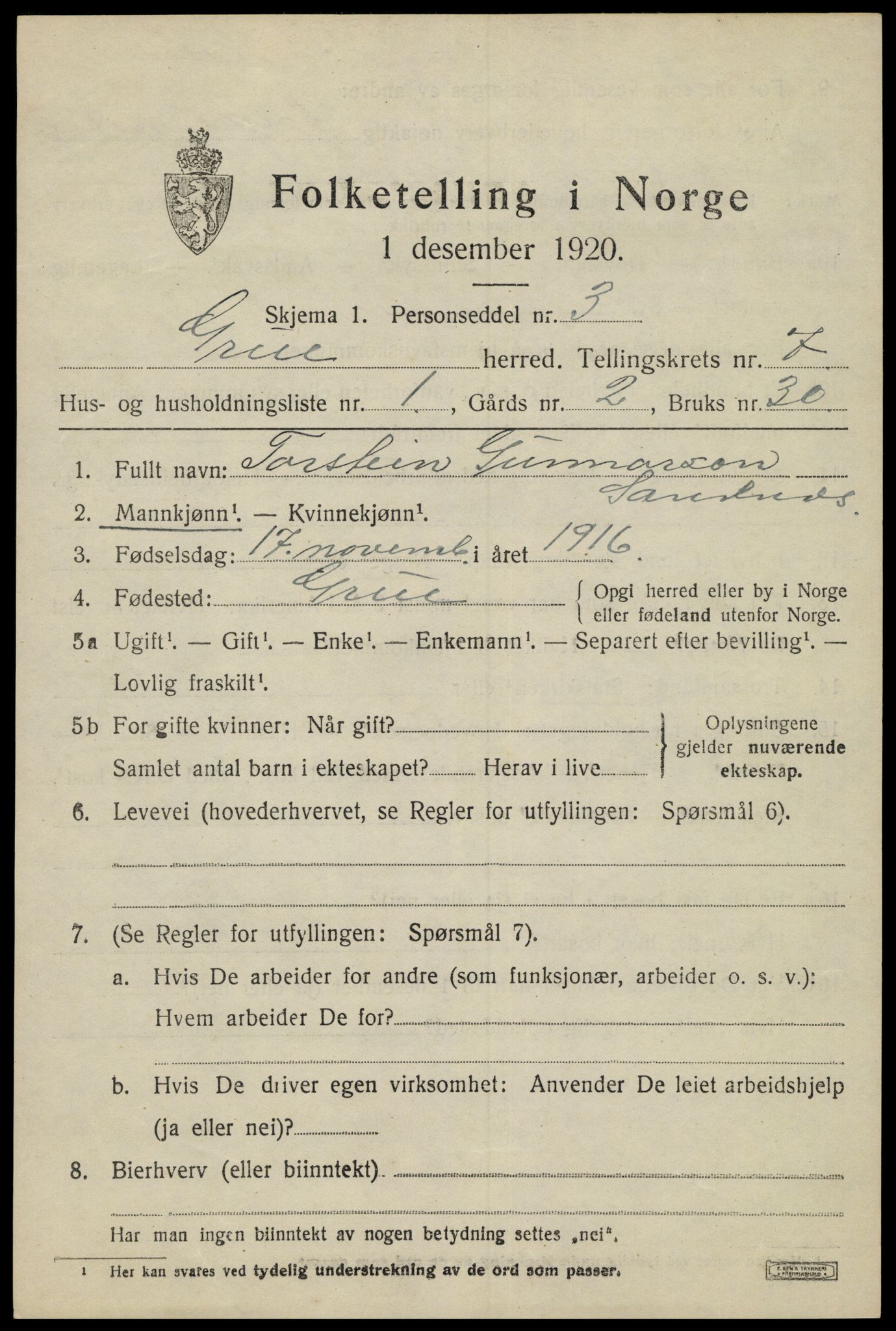 SAH, 1920 census for Grue, 1920, p. 6107