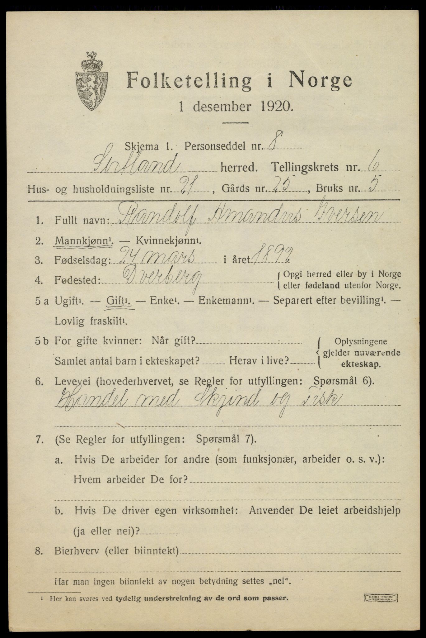 SAT, 1920 census for Sortland, 1920, p. 6510