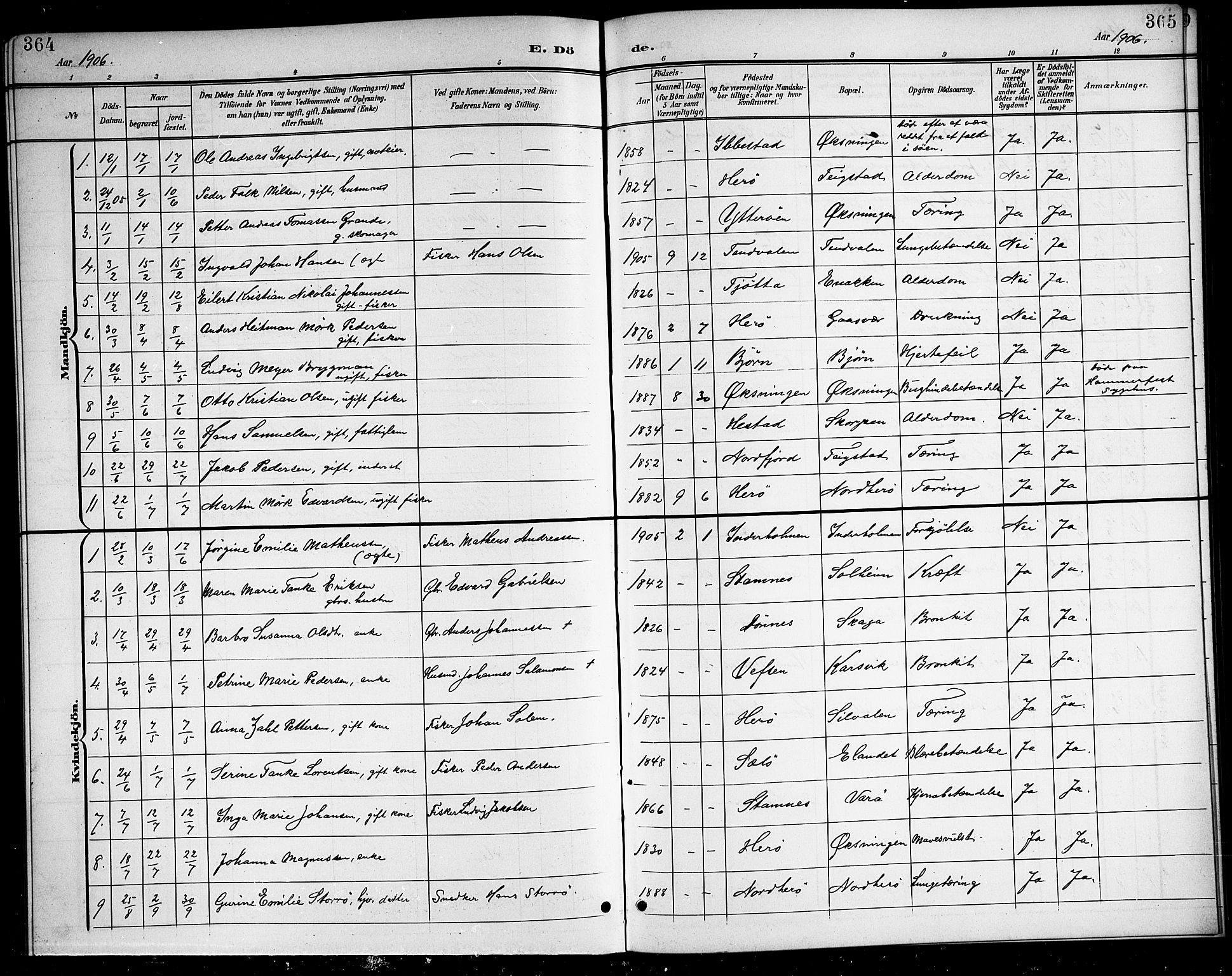 Ministerialprotokoller, klokkerbøker og fødselsregistre - Nordland, SAT/A-1459/834/L0516: Parish register (copy) no. 834C06, 1902-1918, p. 364-365