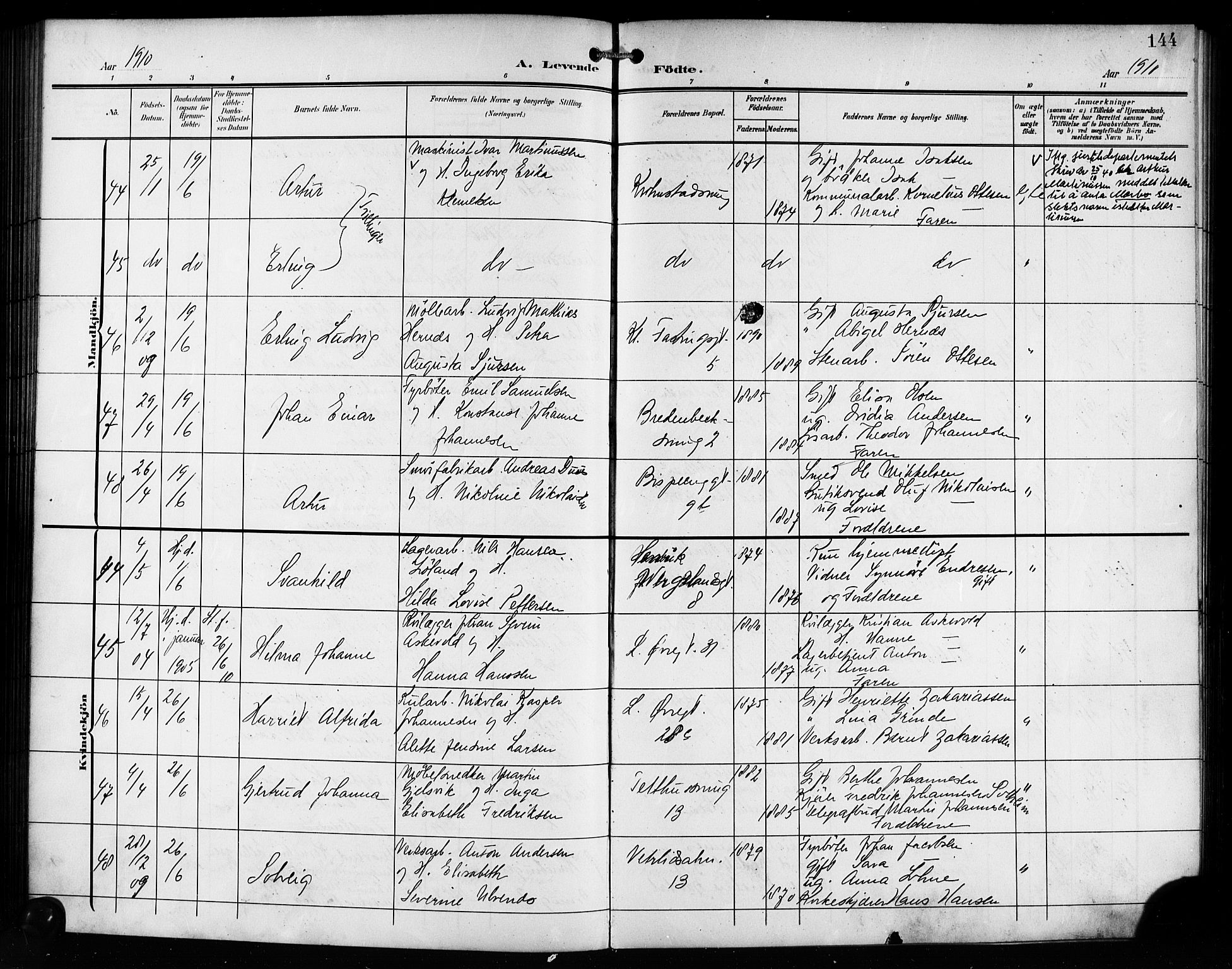 Korskirken sokneprestembete, SAB/A-76101/H/Hab: Parish register (copy) no. B 11, 1905-1916, p. 144