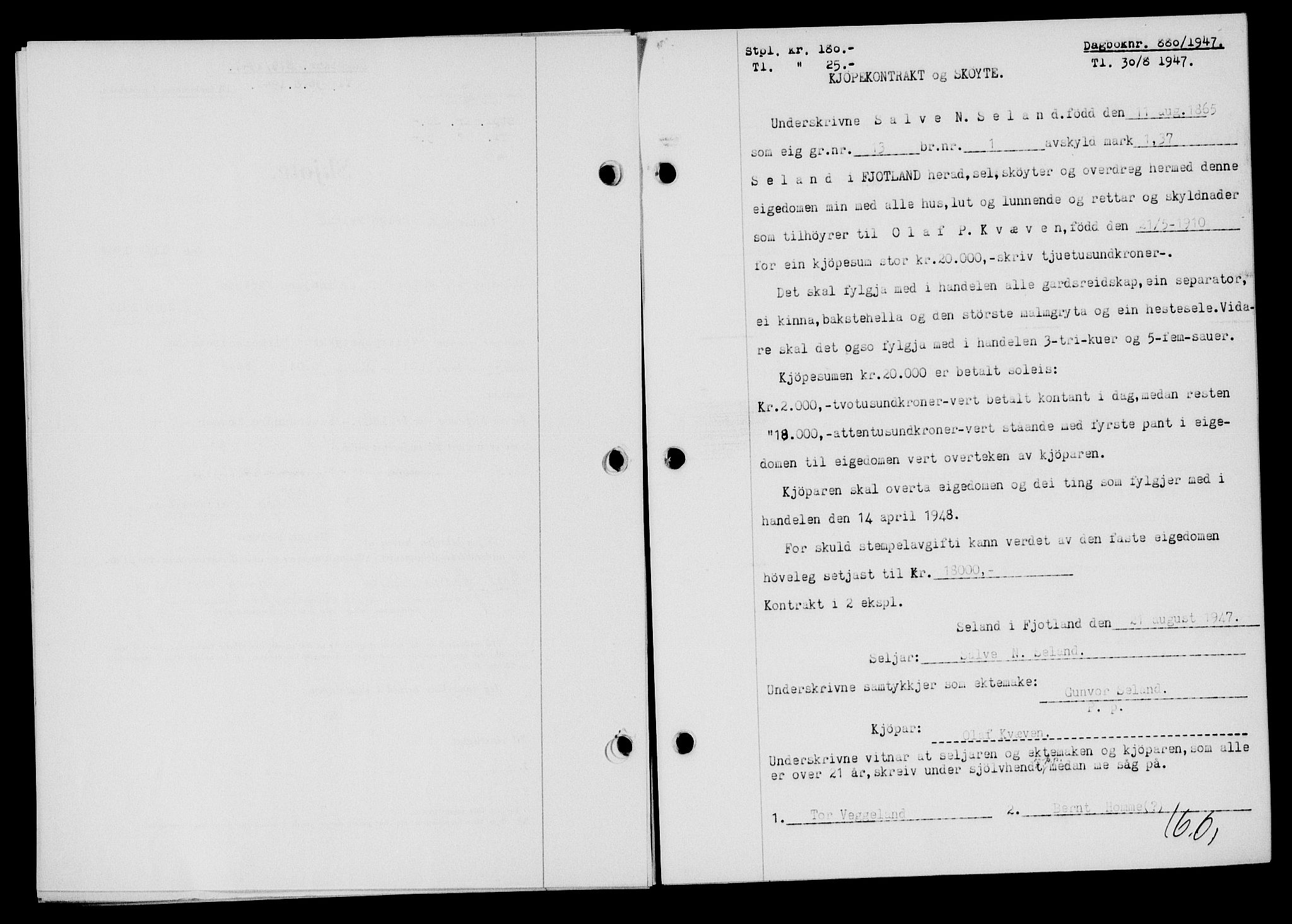Flekkefjord sorenskriveri, SAK/1221-0001/G/Gb/Gba/L0062: Mortgage book no. A-10, 1947-1947, Diary no: : 880/1947