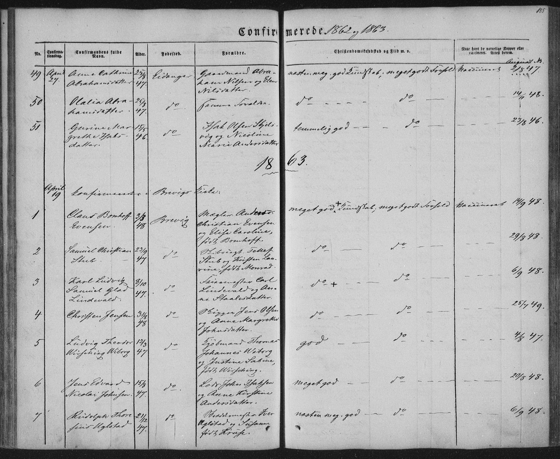 Brevik kirkebøker, SAKO/A-255/F/Fa/L0005: Parish register (official) no. 5, 1847-1865, p. 185