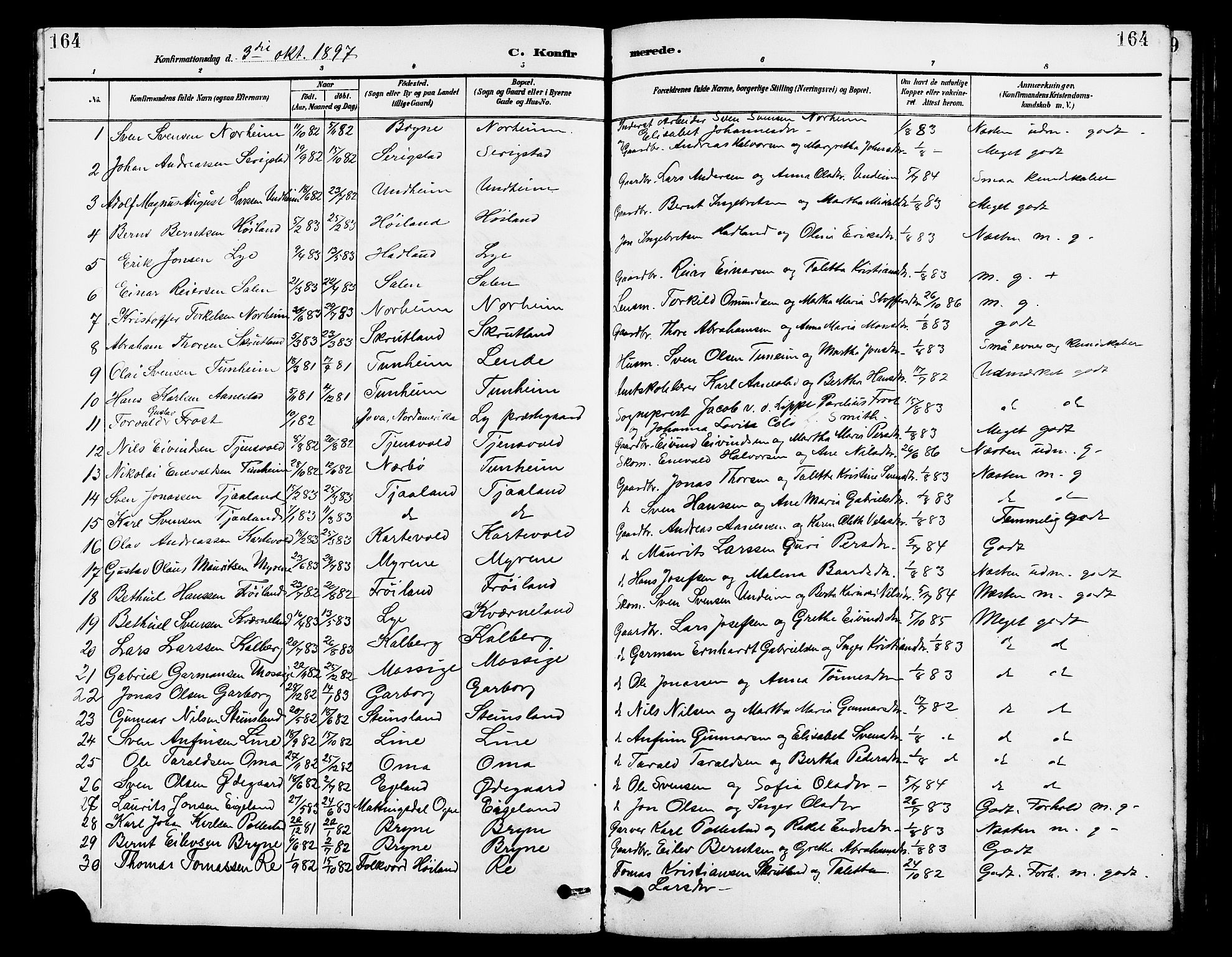 Lye sokneprestkontor, SAST/A-101794/001/30BB/L0007: Parish register (copy) no. B 8, 1889-1909, p. 164