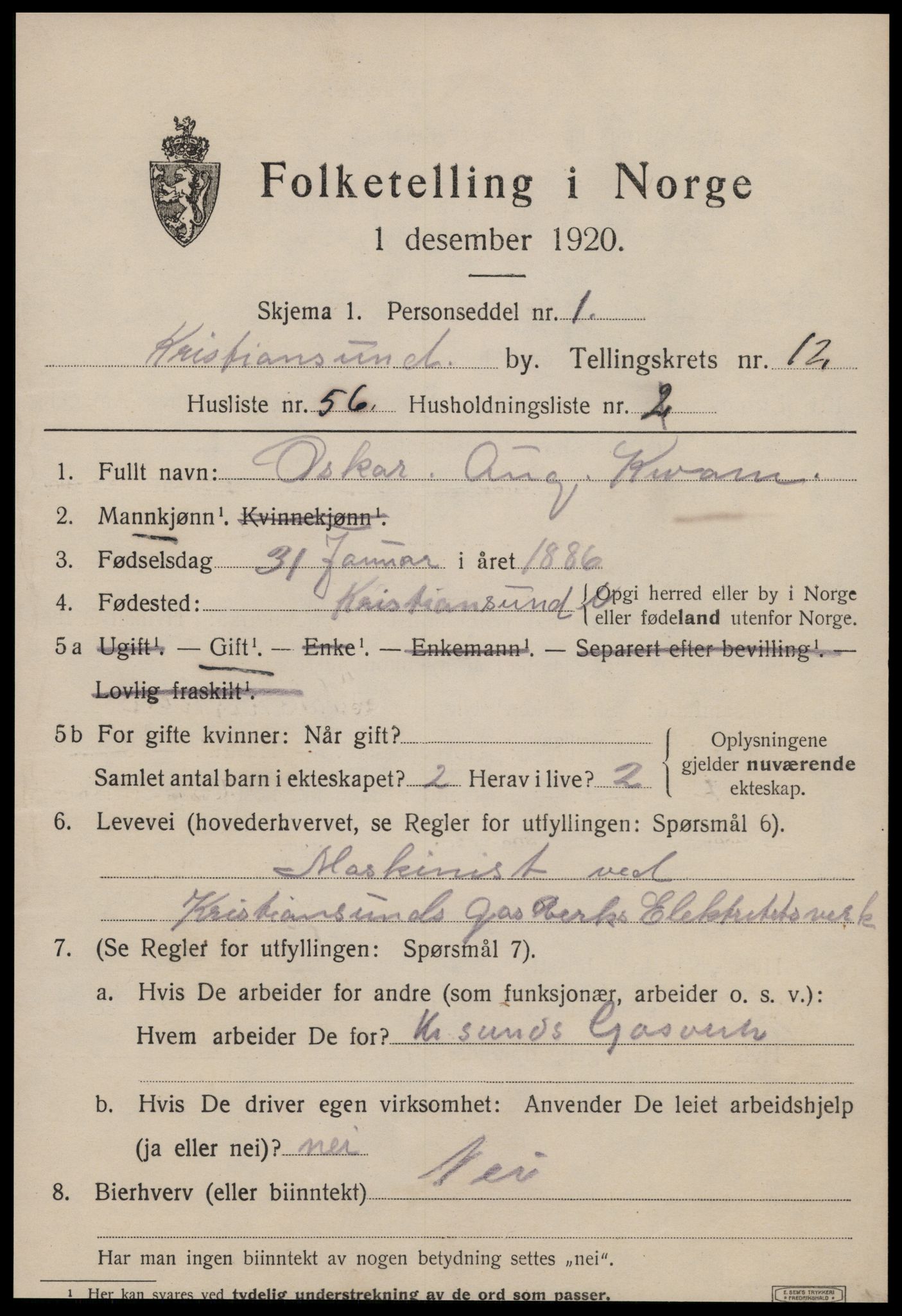 SAT, 1920 census for Kristiansund, 1920, p. 26251