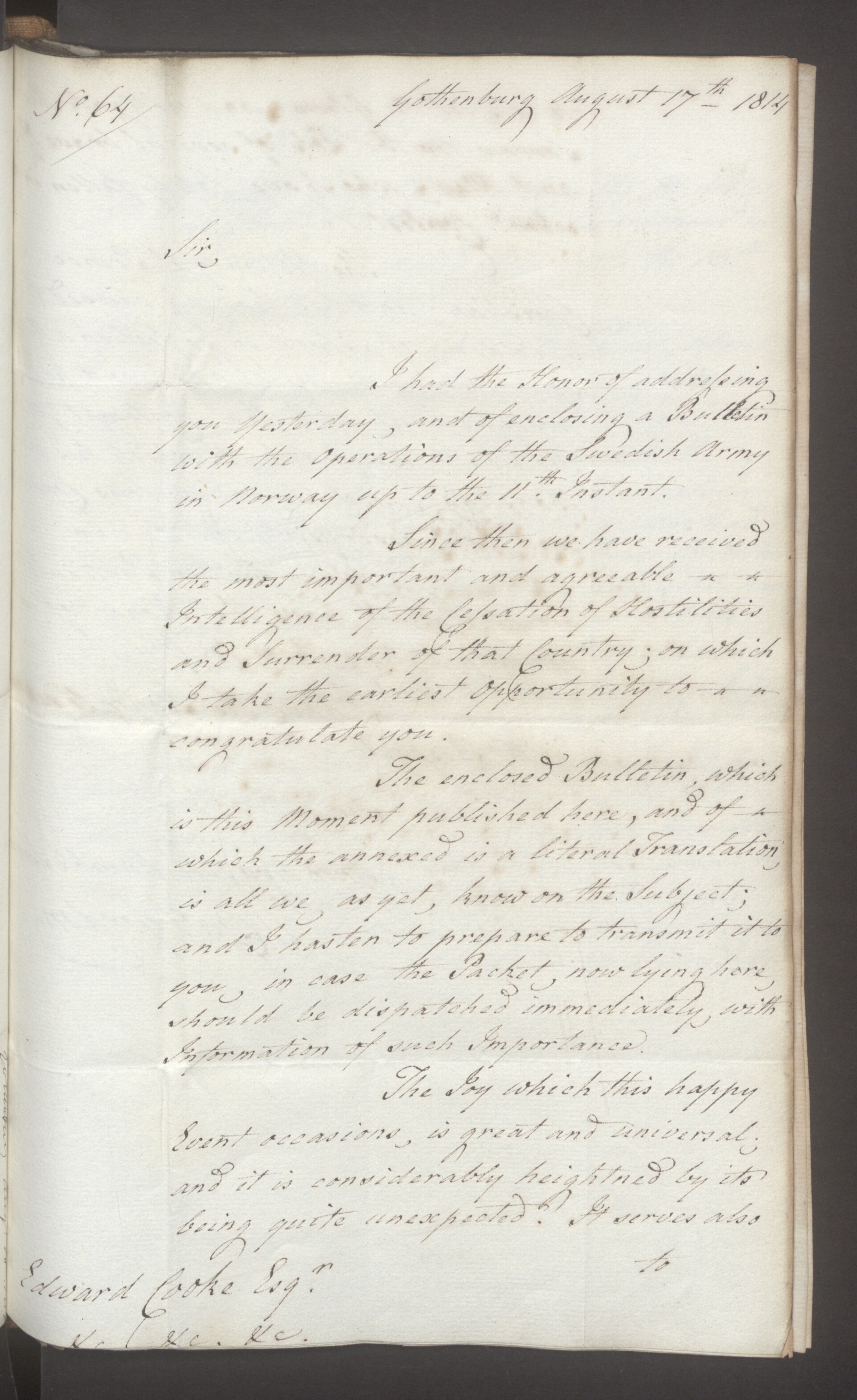 Foreign Office*, UKA/-/FO 38/16: Sir C. Gordon. Reports from Malmö, Jonkoping, and Helsingborg, 1814, p. 86
