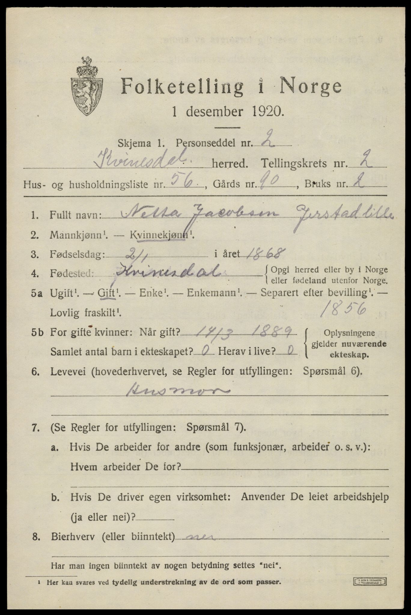 SAK, 1920 census for Kvinesdal, 1920, p. 2451