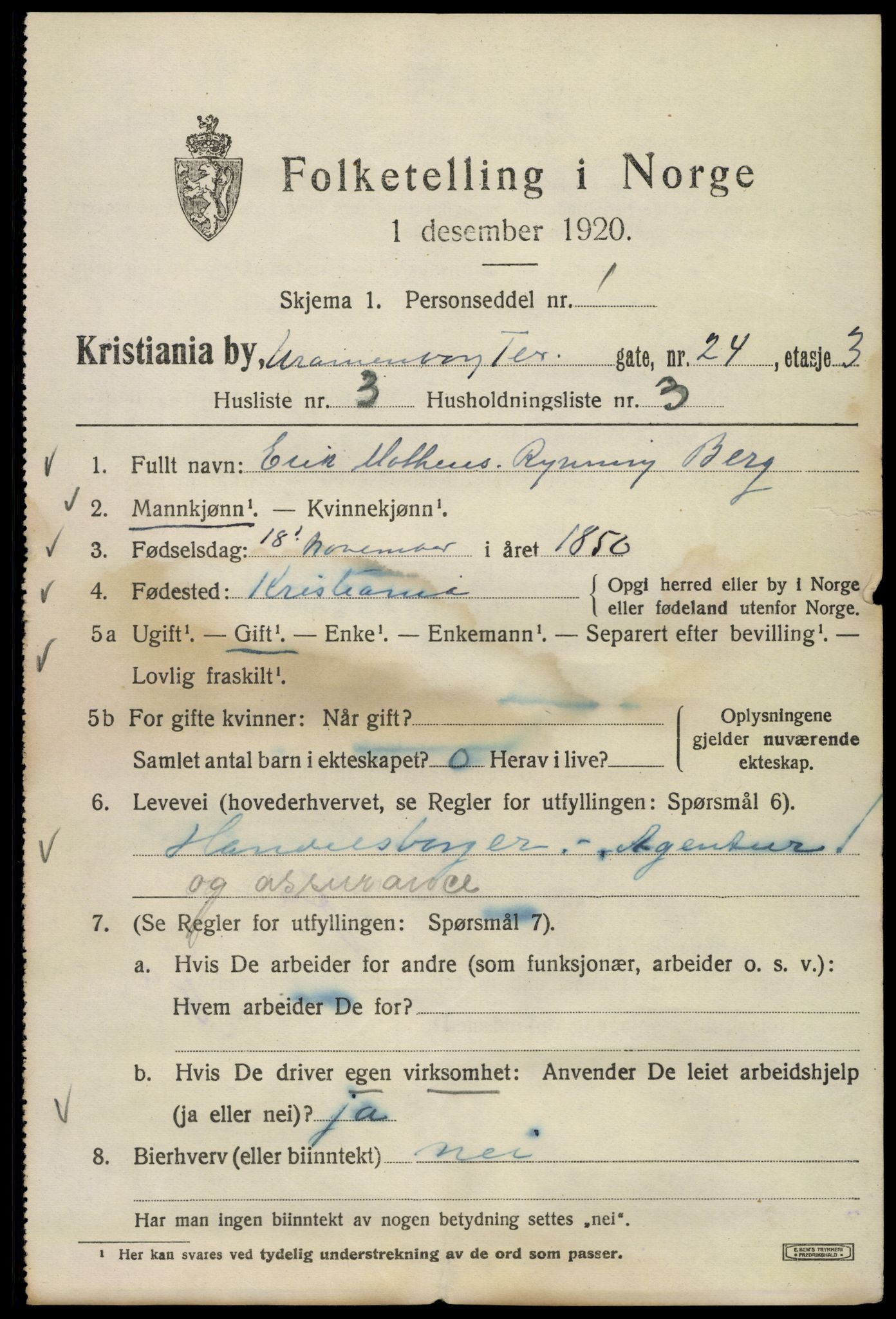 SAO, 1920 census for Kristiania, 1920, p. 619335