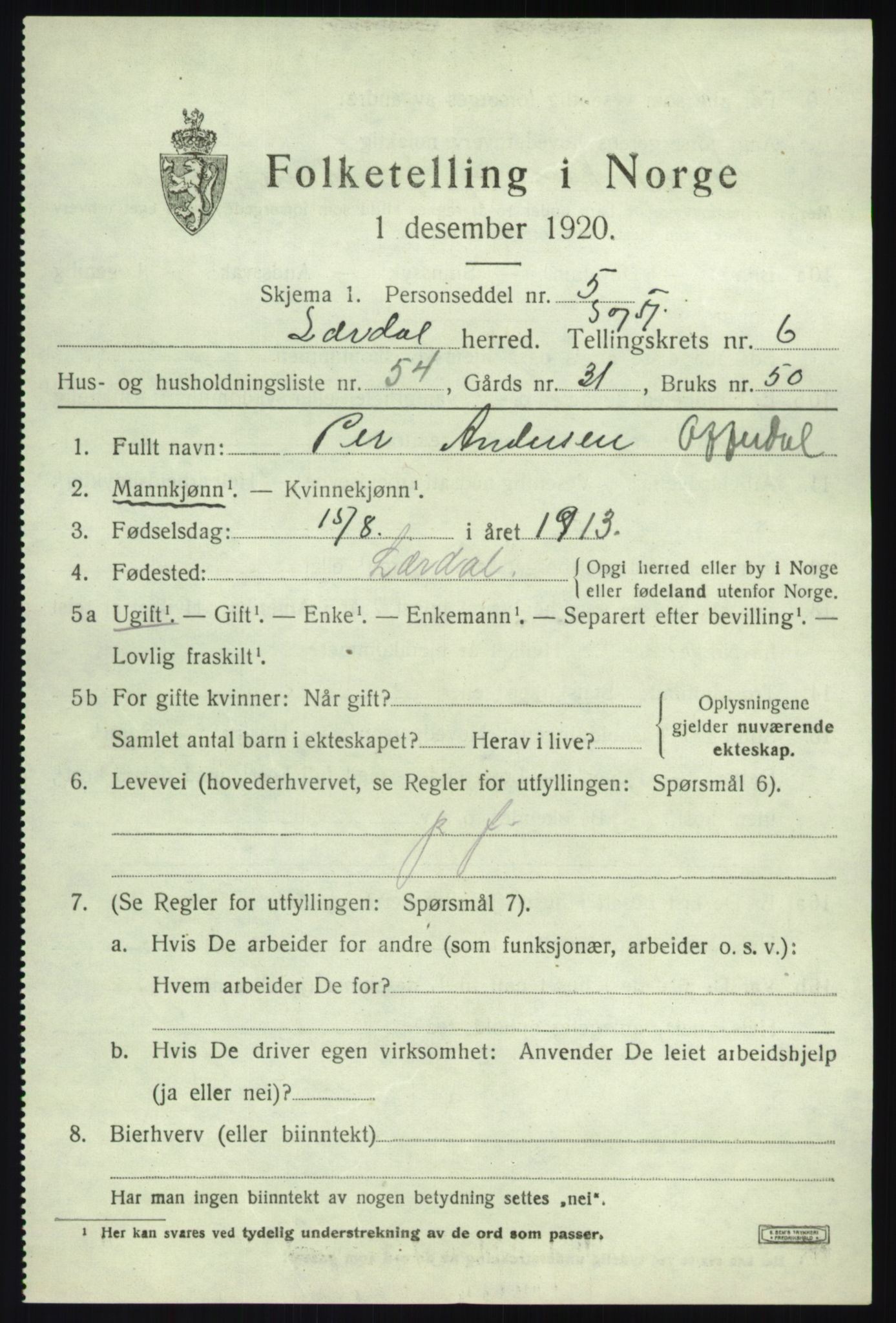 SAB, 1920 census for Lærdal, 1920, p. 3164