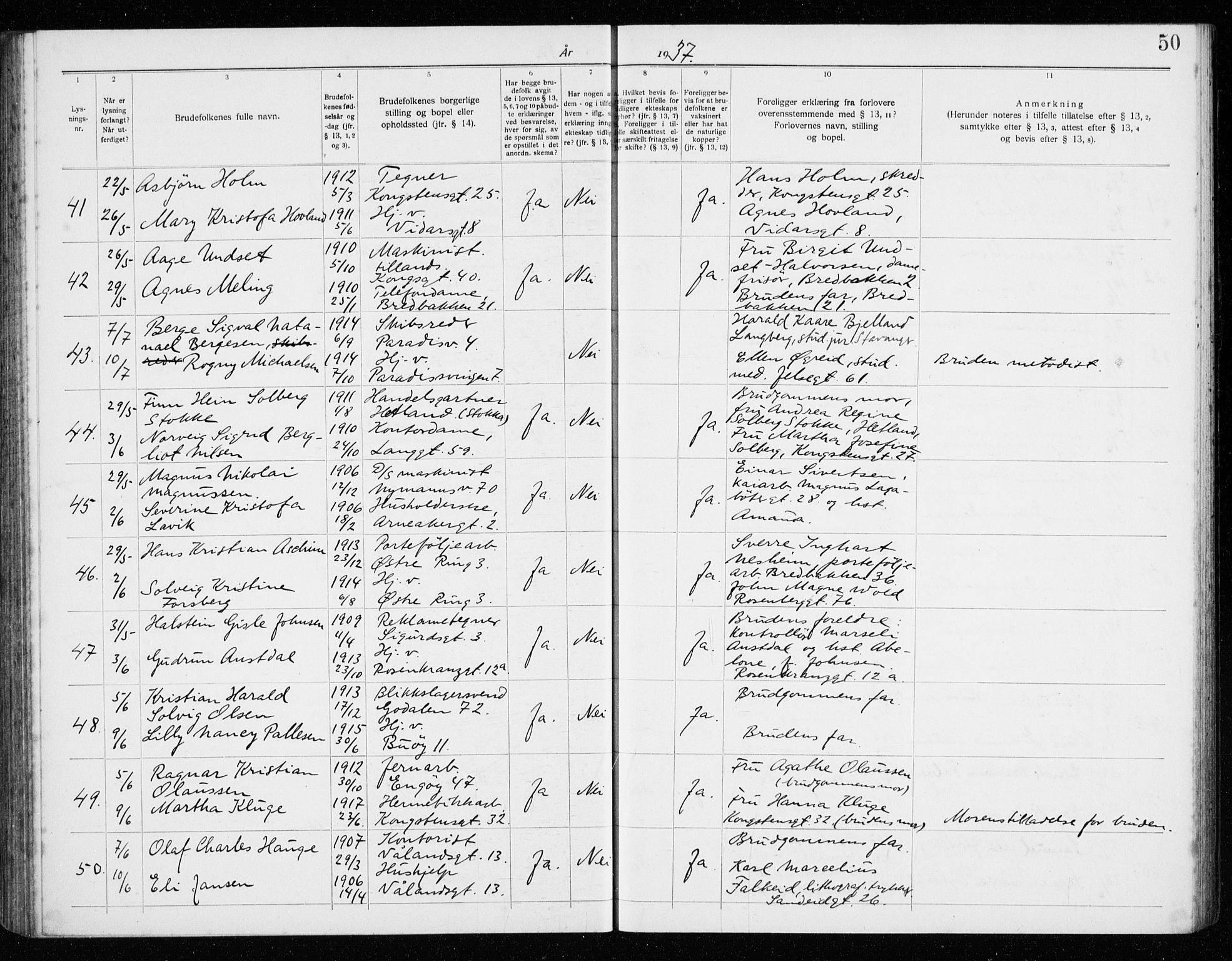 St. Petri sokneprestkontor, AV/SAST-A-101813/001/70/705BA/L0008: Banns register no. 705.BA.8, 1932-1941, p. 50
