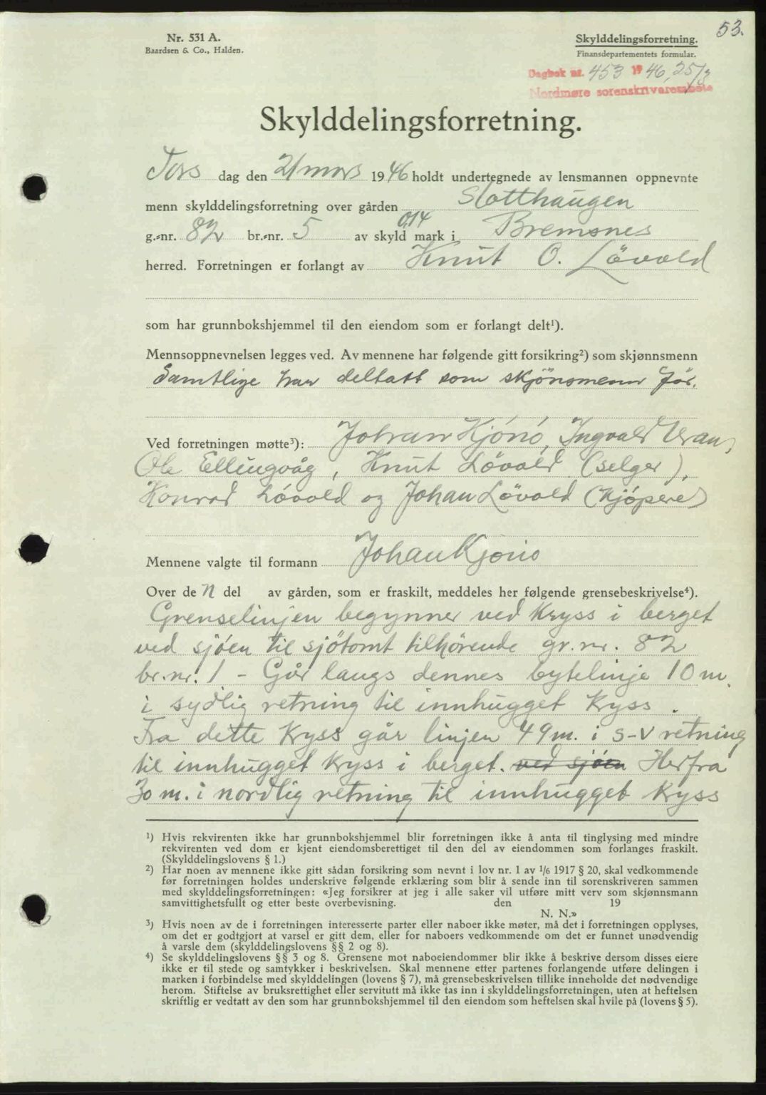 Nordmøre sorenskriveri, AV/SAT-A-4132/1/2/2Ca: Mortgage book no. A101, 1946-1946, Diary no: : 453/1946