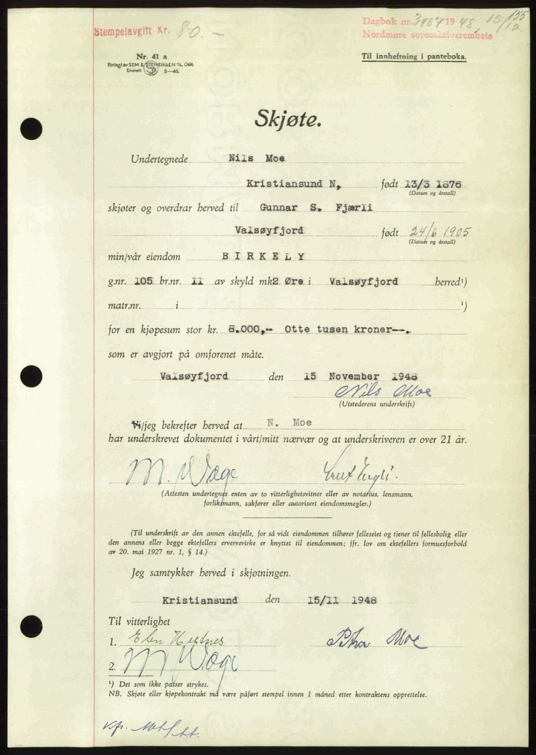 Nordmøre sorenskriveri, AV/SAT-A-4132/1/2/2Ca: Mortgage book no. A110, 1948-1949, Diary no: : 3487/1948