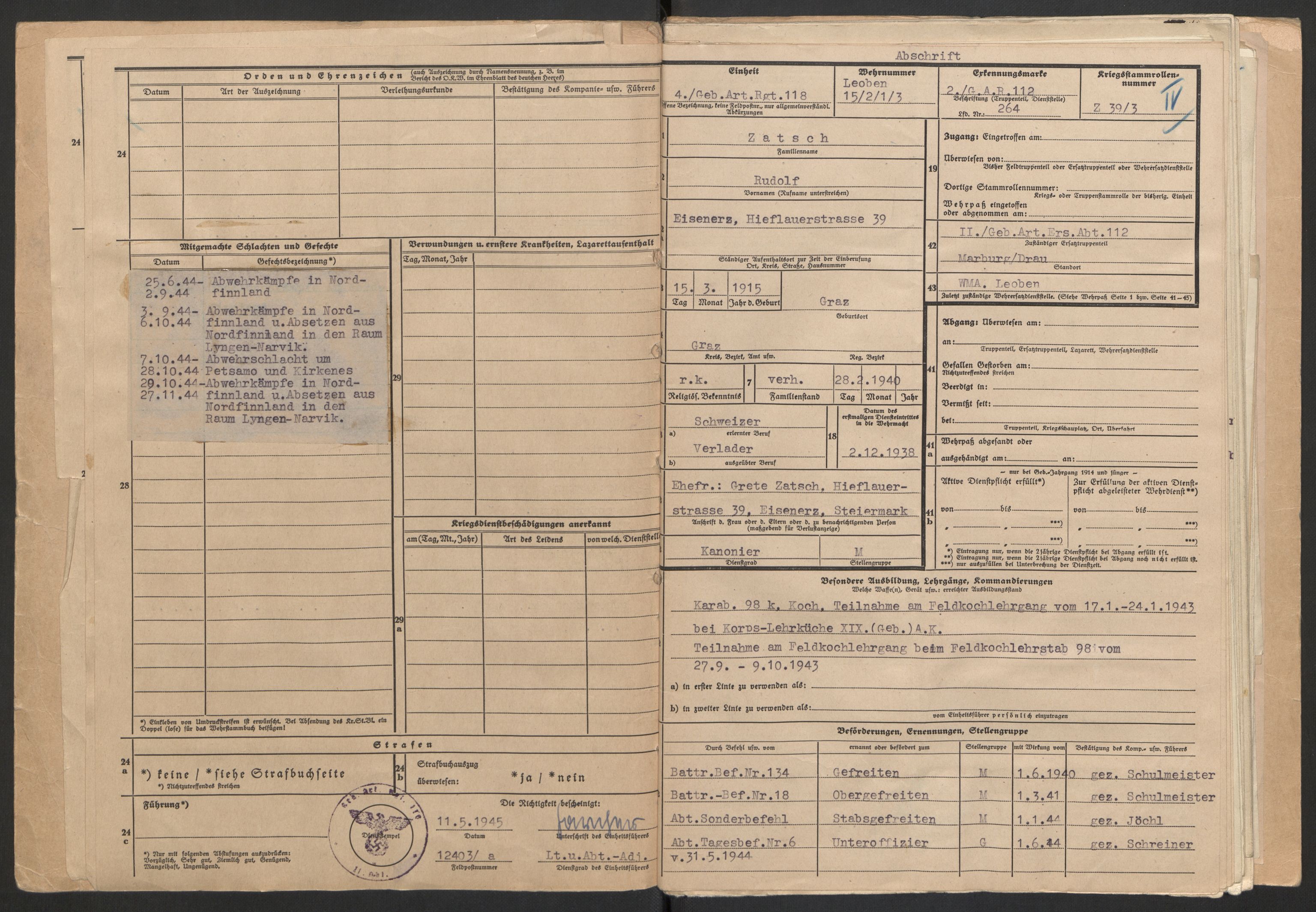 Deutscher Oberbefehlshaber Norwegen (DOBN), AV/RA-RAFA-2197/D/Do/L0235/0007: DBT Abt. III / Domsdokumenter Gericht der 6. Gebirgs-Division - desserteringer 9. mai 1945, 1945