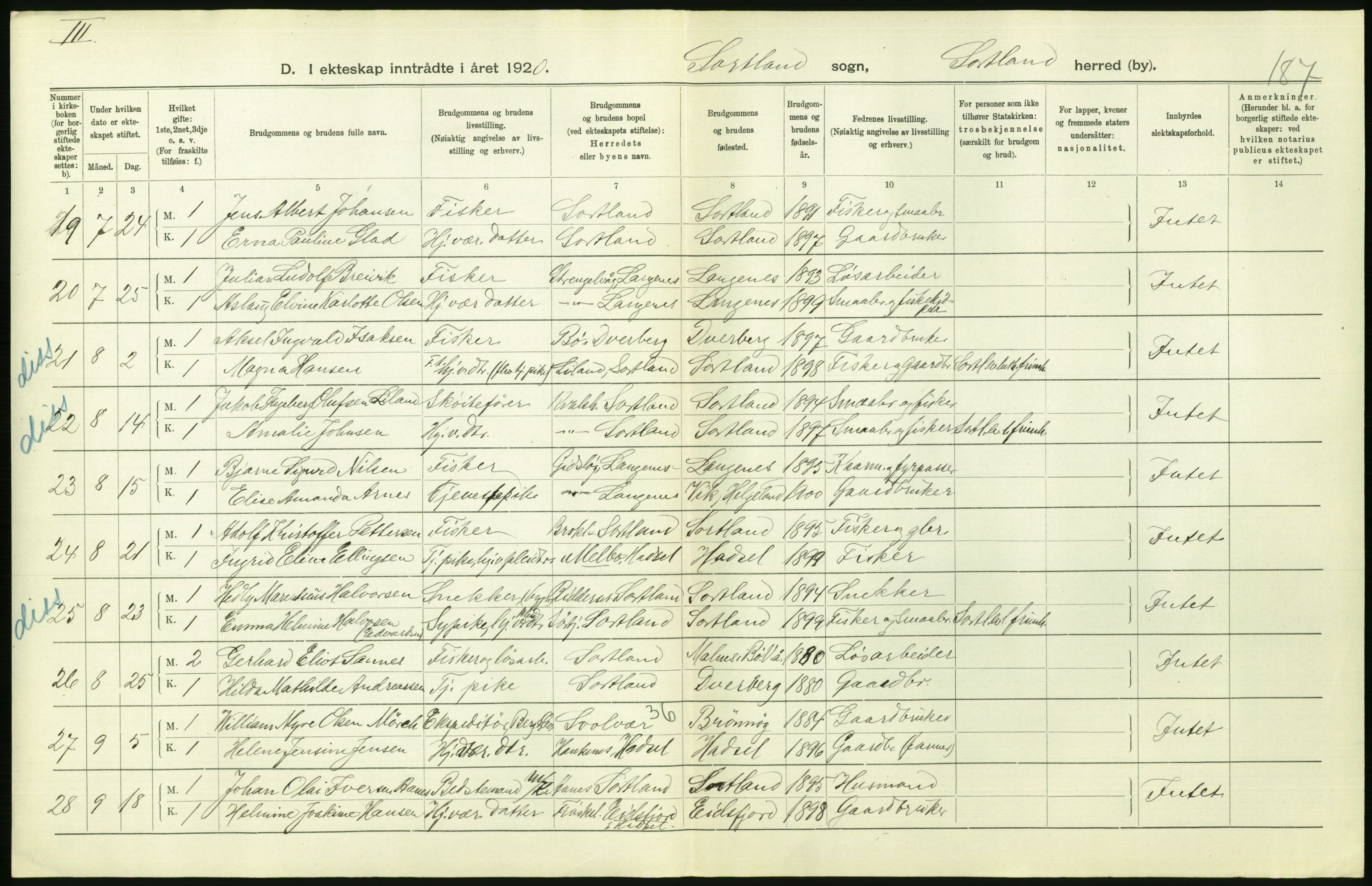 Statistisk sentralbyrå, Sosiodemografiske emner, Befolkning, AV/RA-S-2228/D/Df/Dfb/Dfbj/L0057: Nordland fylke: Gifte, dødfødte. Bygder og byer., 1920, p. 294