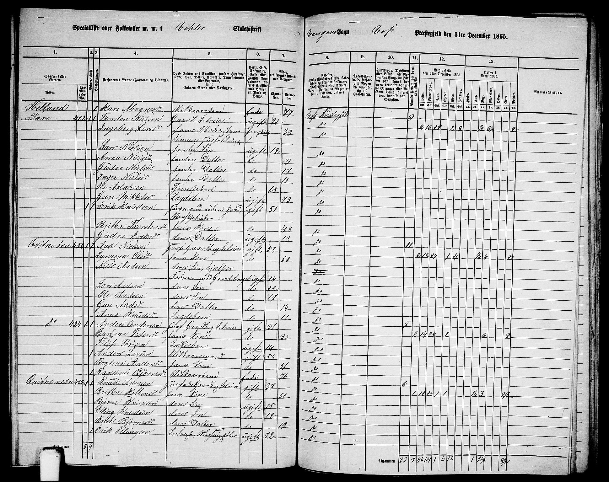 RA, 1865 census for Voss, 1865, p. 189