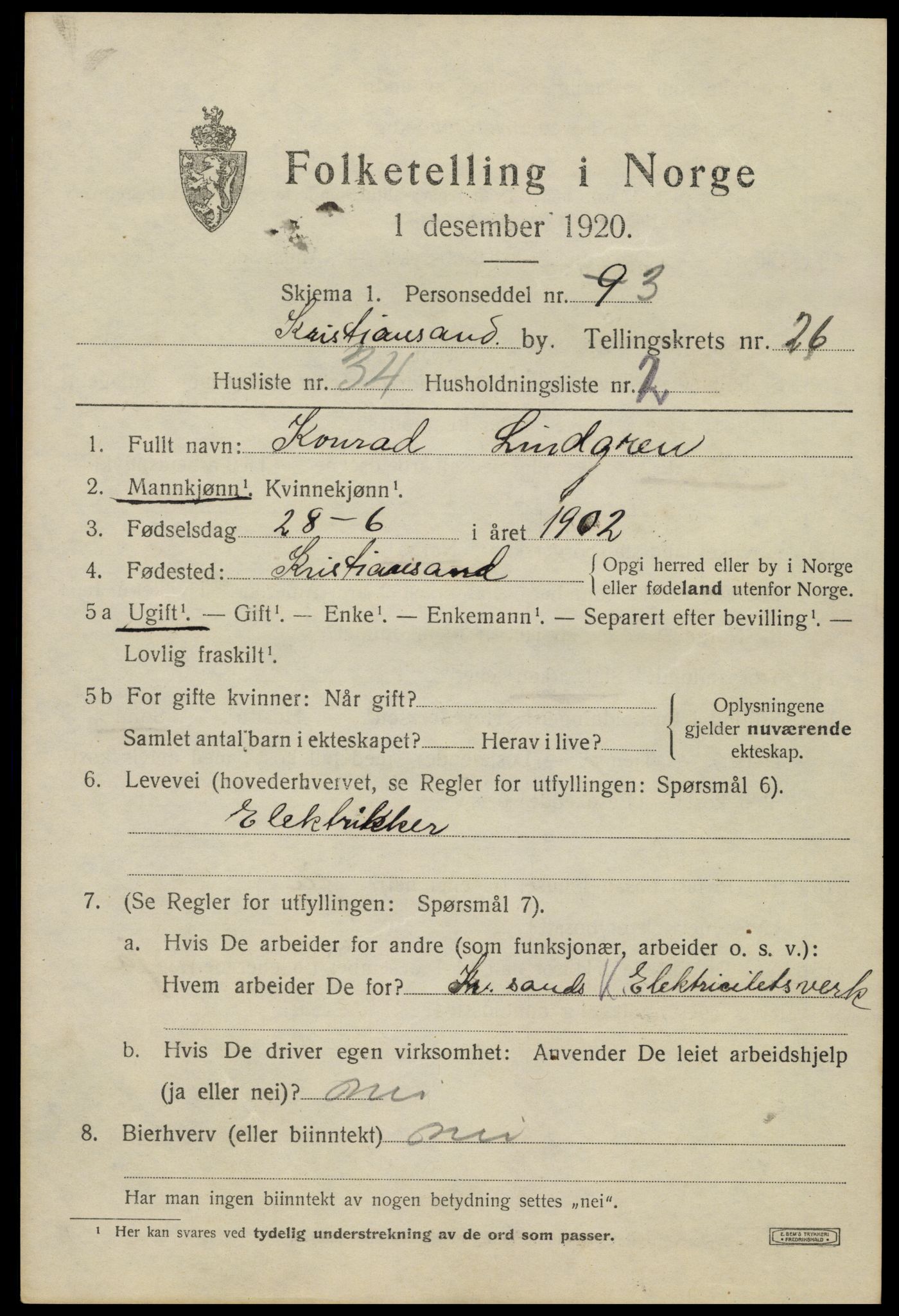 SAK, 1920 census for Kristiansand, 1920, p. 45401