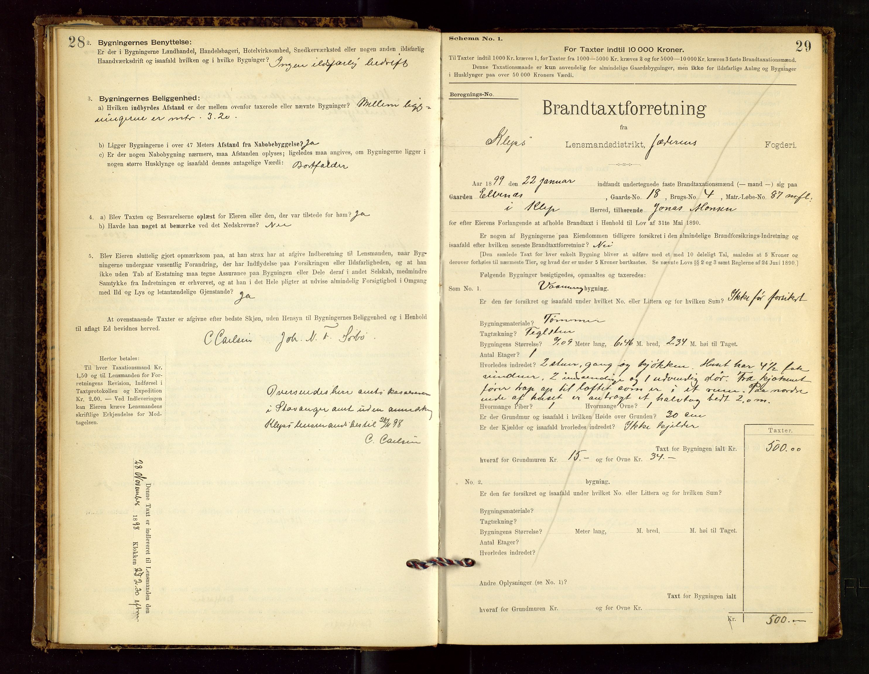 Klepp lensmannskontor, SAST/A-100163/Goc/L0002: "Brandtaxationsprotokol" m/register, 1898-1902, p. 28-29