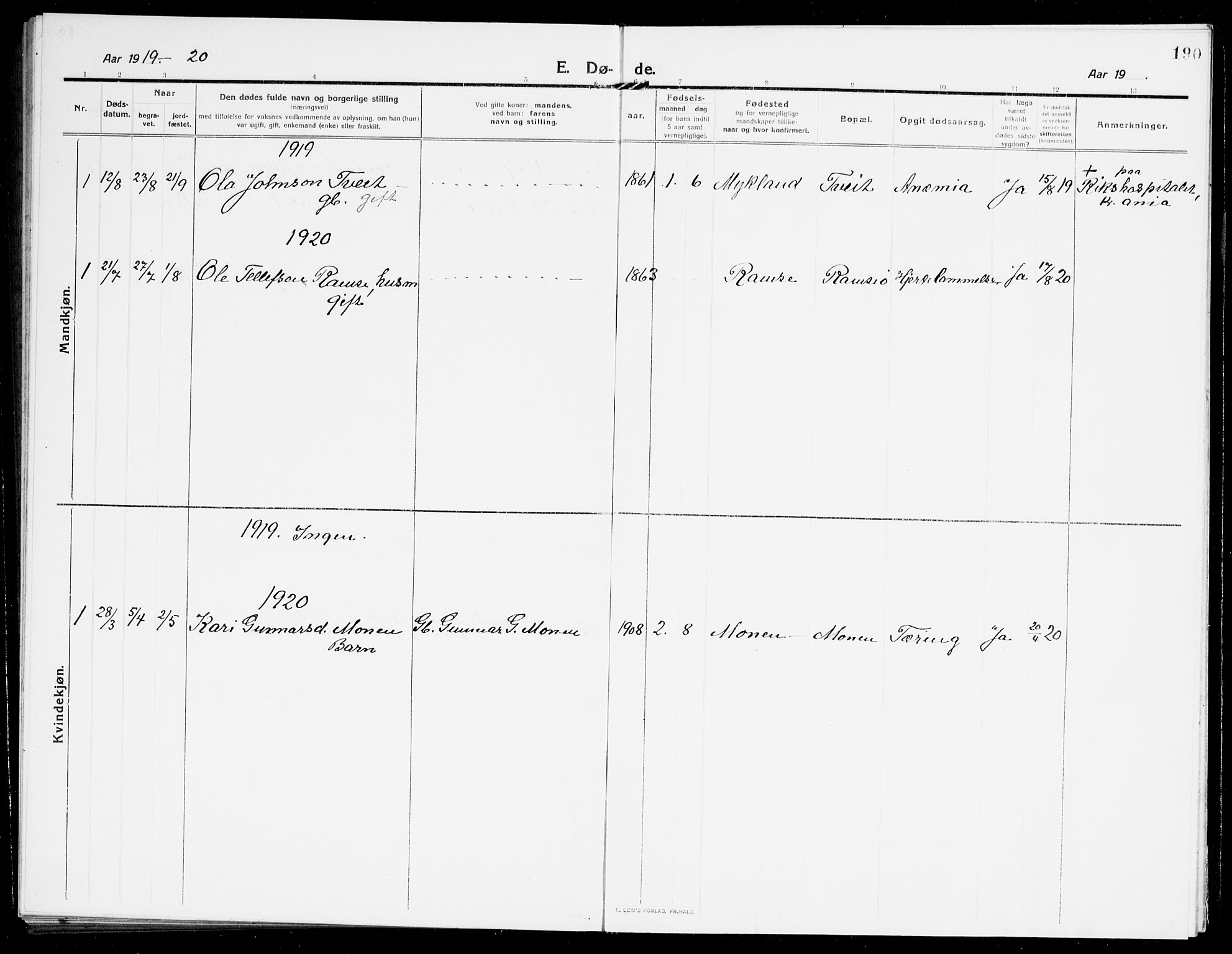 Åmli sokneprestkontor, AV/SAK-1111-0050/F/Fb/Fbb/L0003: Parish register (copy) no. B 3, 1906-1941, p. 190