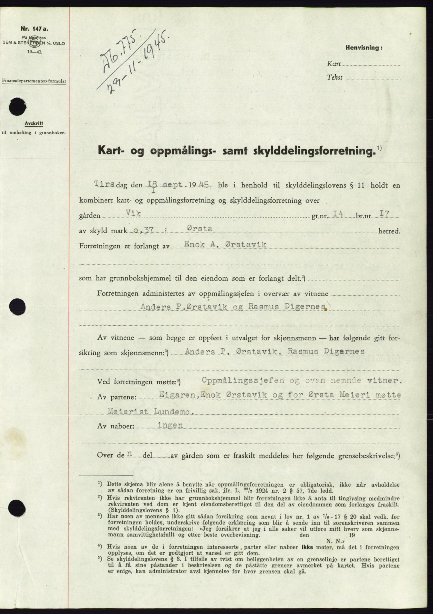 Søre Sunnmøre sorenskriveri, AV/SAT-A-4122/1/2/2C/L0077: Mortgage book no. 3A, 1945-1946, Diary no: : 775/1945