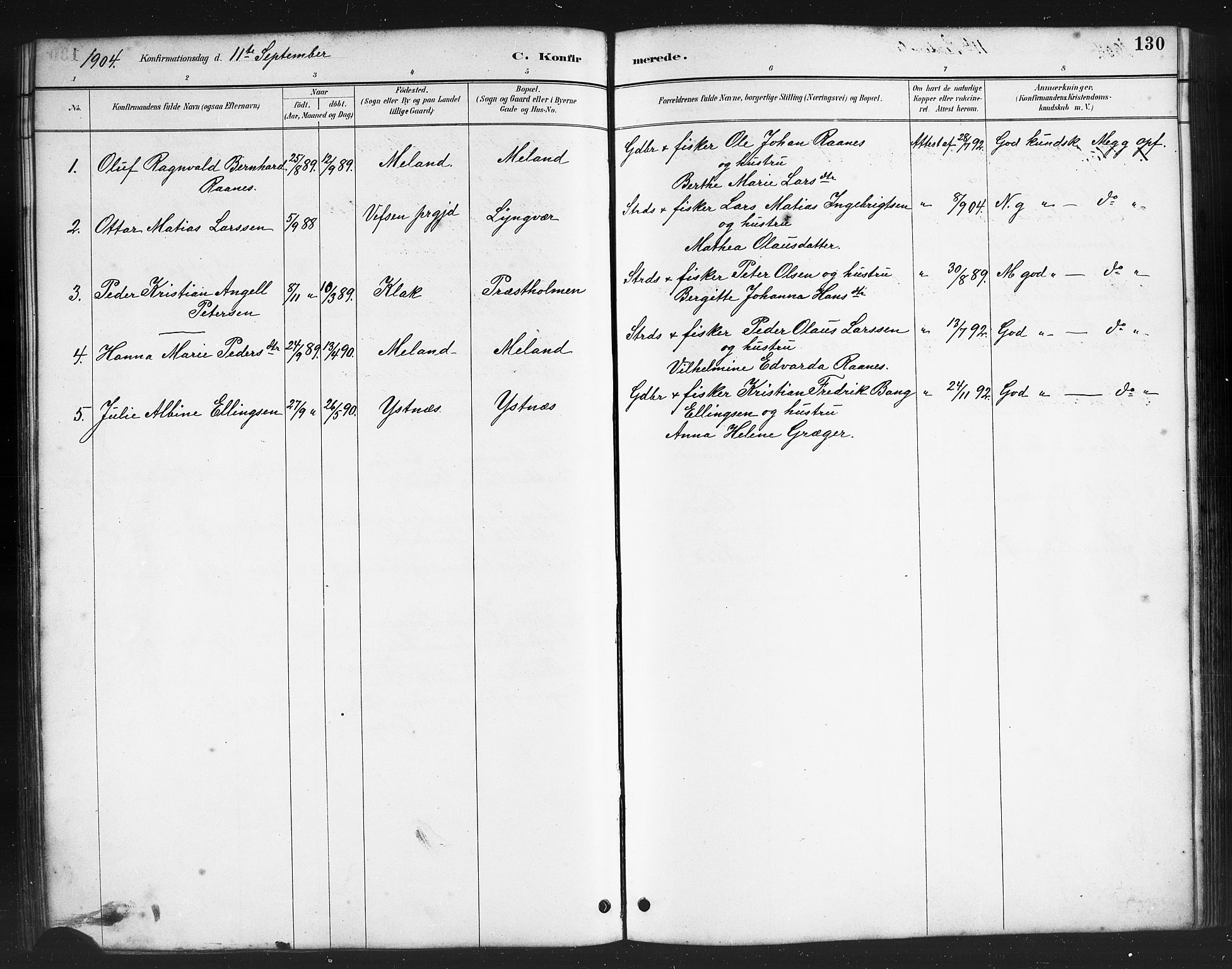 Ministerialprotokoller, klokkerbøker og fødselsregistre - Nordland, AV/SAT-A-1459/808/L0131: Parish register (copy) no. 808C02, 1879-1919, p. 130