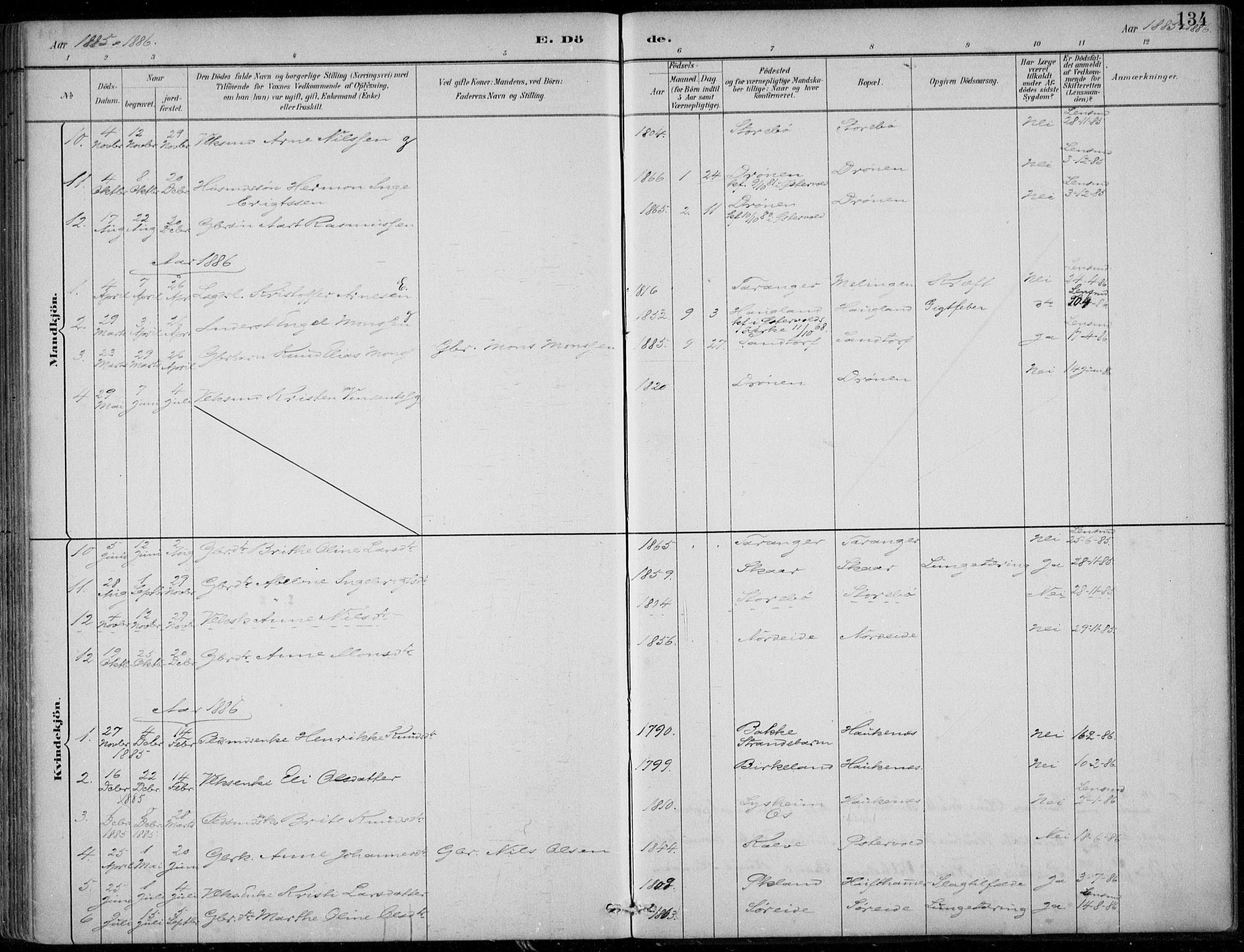 Sund sokneprestembete, SAB/A-99930: Parish register (official) no. C  1, 1882-1899, p. 134