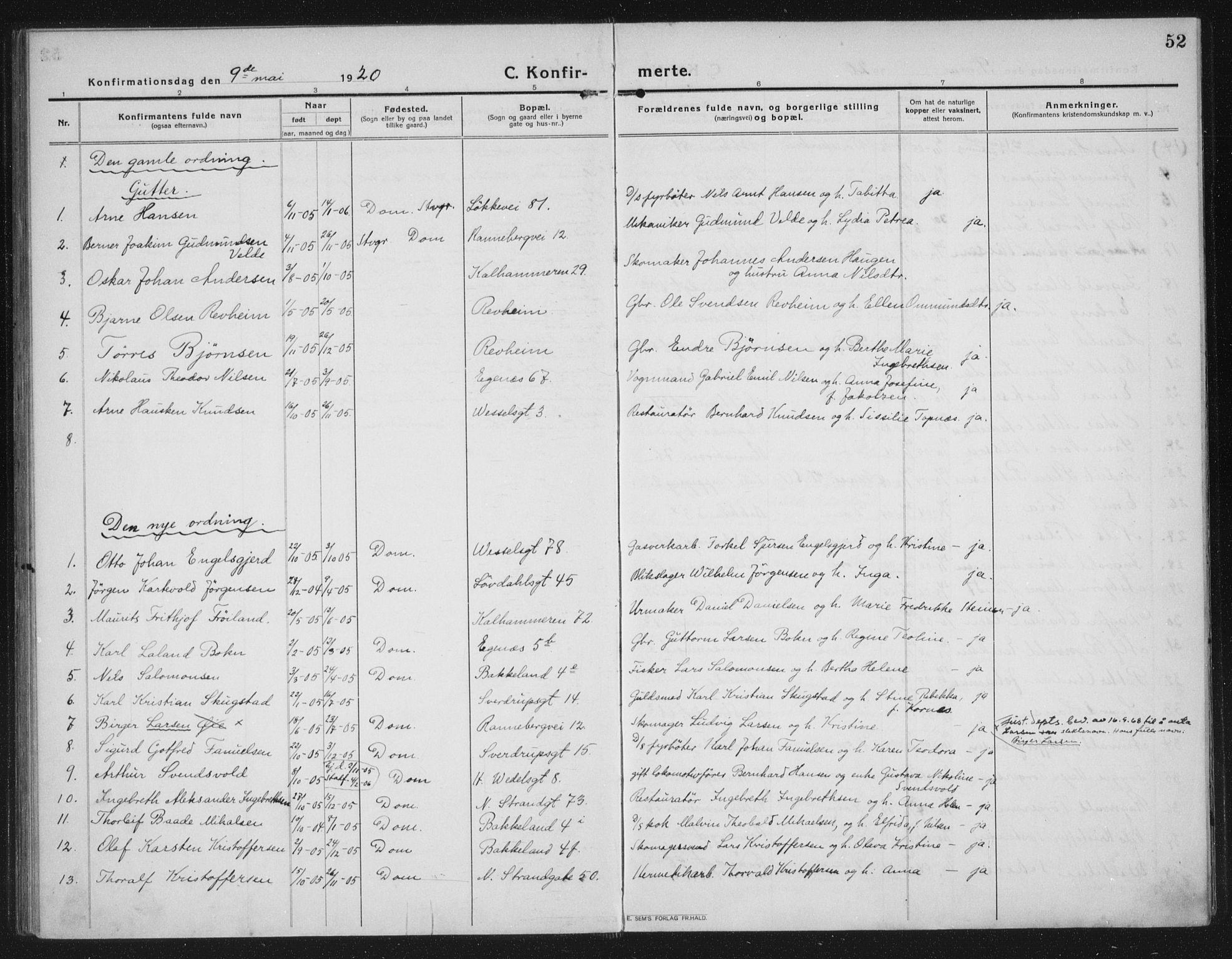 Domkirken sokneprestkontor, AV/SAST-A-101812/002/A/L0019: Parish register (official) no. A 35, 1916-1932, p. 52