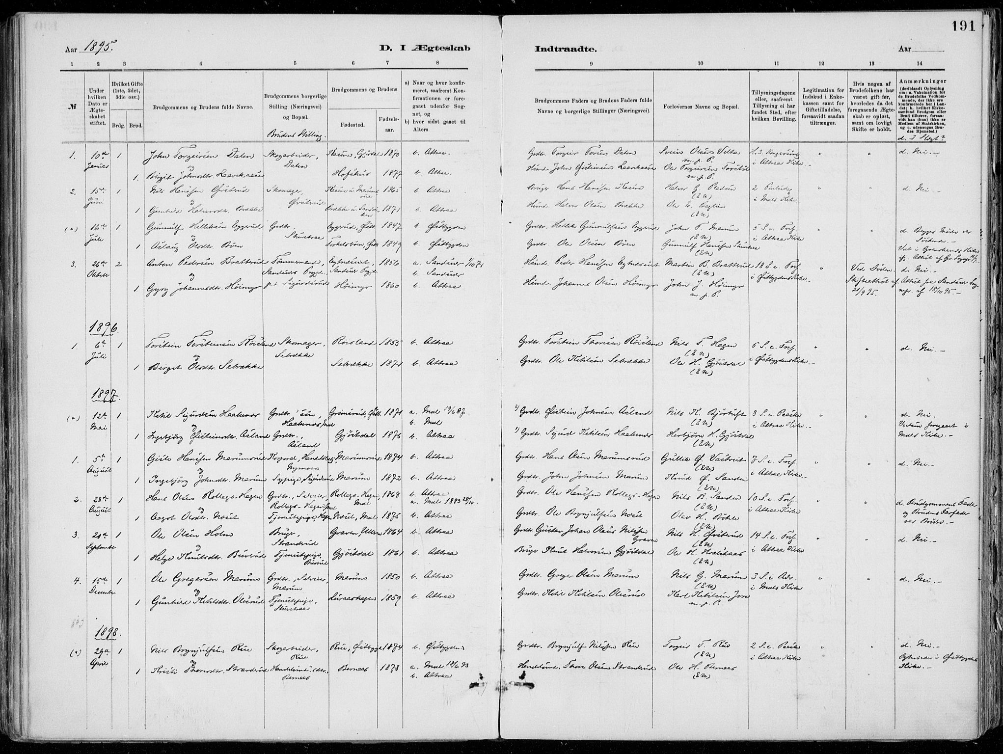 Tinn kirkebøker, SAKO/A-308/F/Fa/L0007: Parish register (official) no. I 7, 1878-1922, p. 191