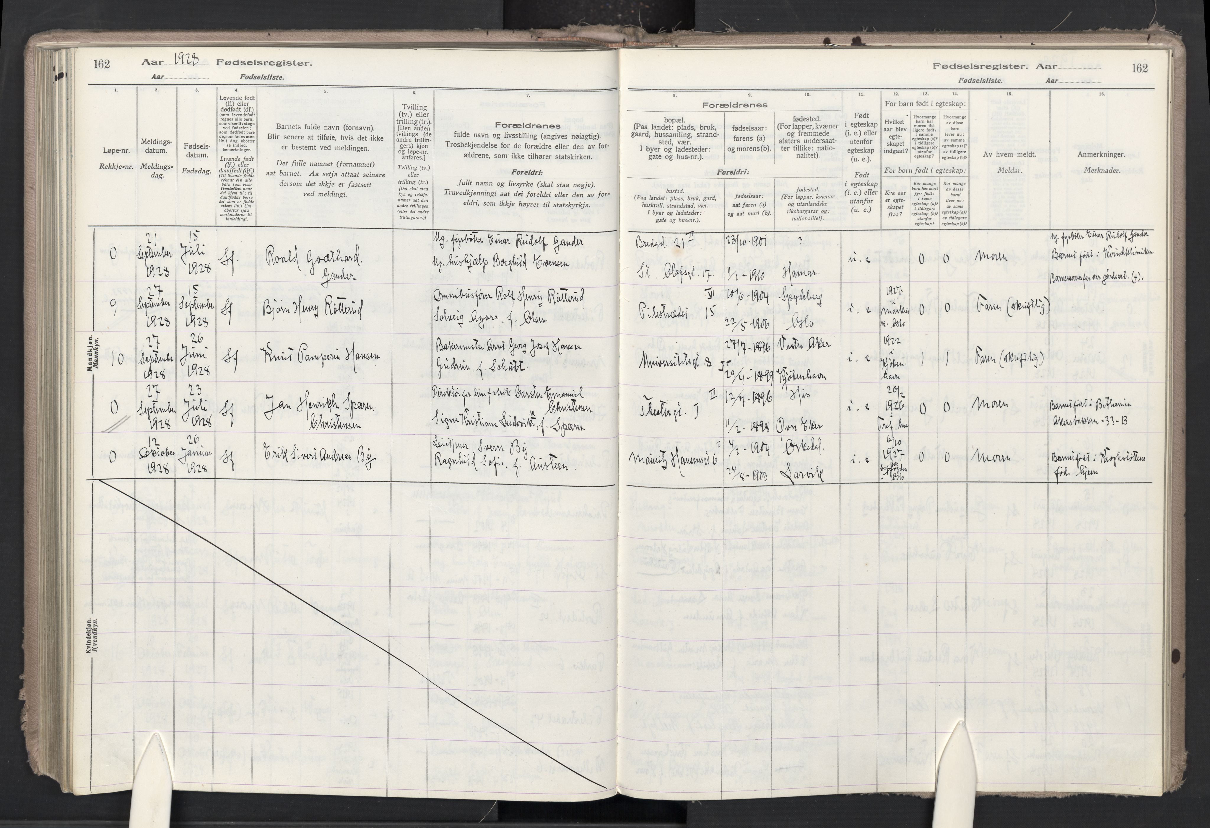 Trefoldighet prestekontor Kirkebøker, SAO/A-10882/J/Ja/L0001: Birth register no. 1, 1916-1931, p. 162