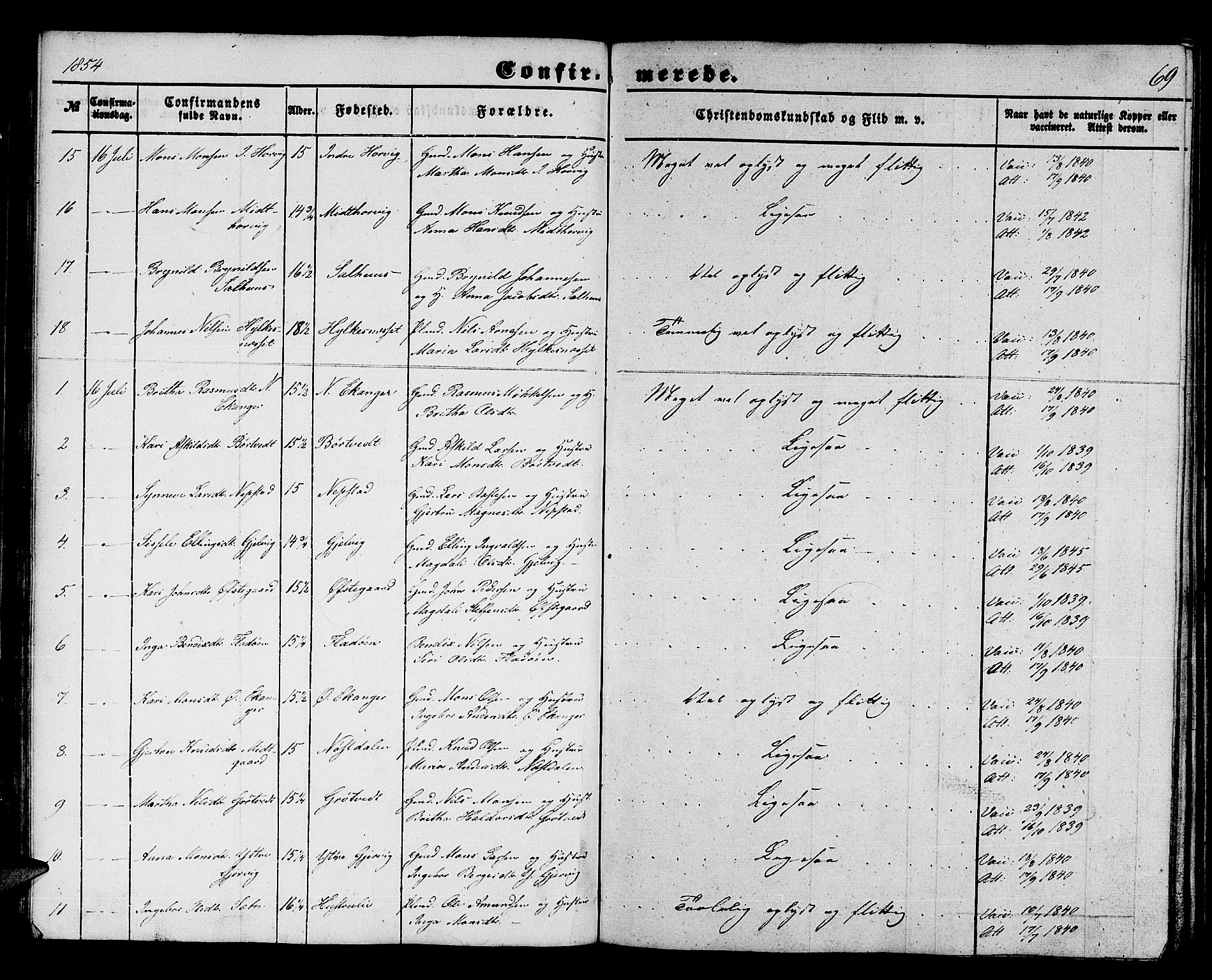 Hamre sokneprestembete, SAB/A-75501/H/Ha/Hab: Parish register (copy) no. B 1, 1852-1863, p. 69