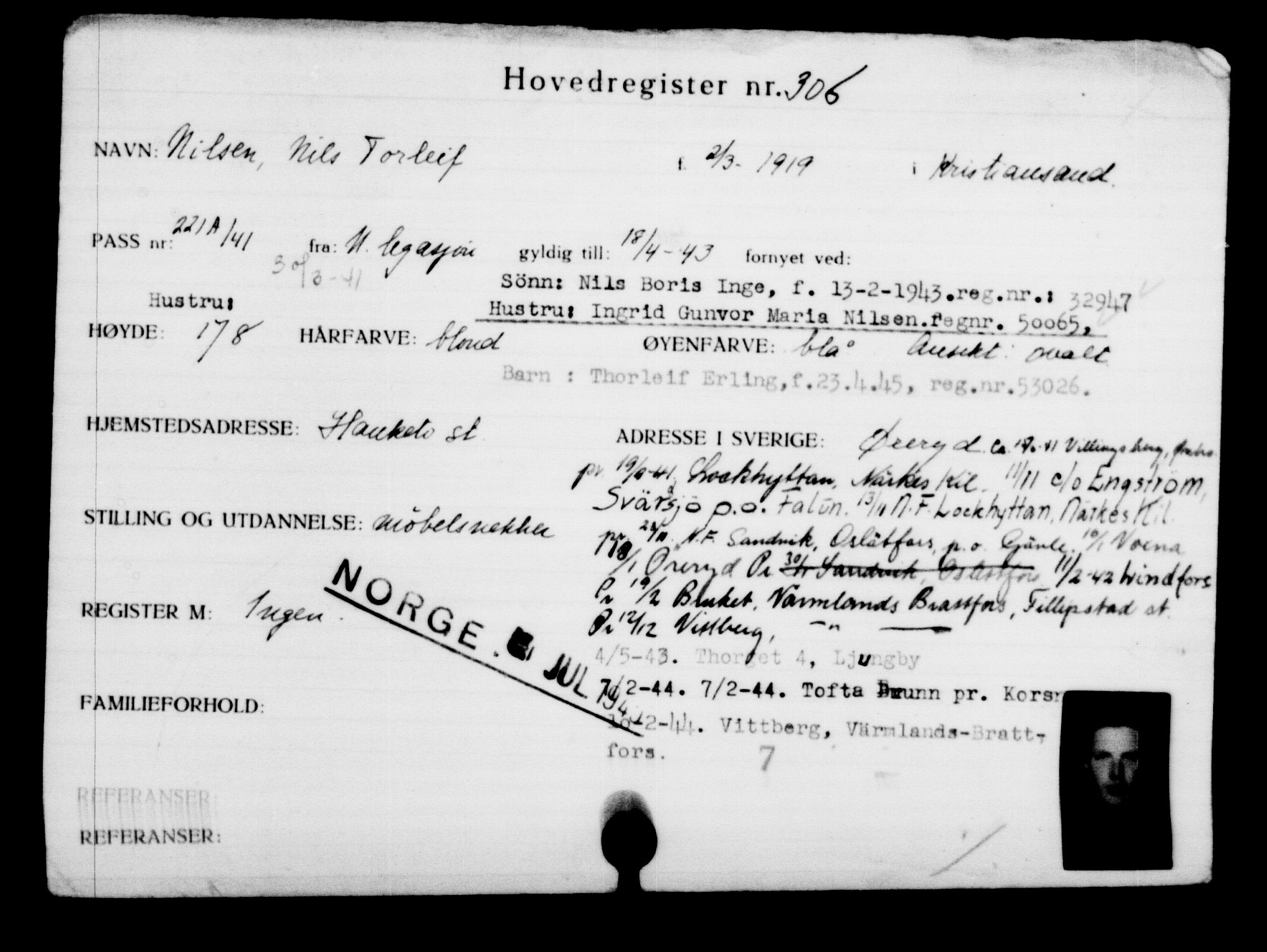 Utenriksstasjonene, Legasjonen i Stockholm, Flyktningkontoret, AV/RA-S-6753/V/Va/L0001: Kjesäterkartoteket, flyktninger med registreringsnr. 1-1000, 1940-1945, p. 488