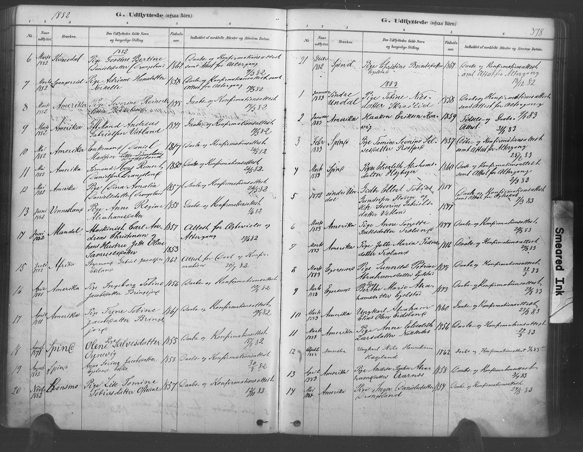 Lyngdal sokneprestkontor, AV/SAK-1111-0029/F/Fa/Fac/L0011: Parish register (official) no. A 11, 1878-1893, p. 378