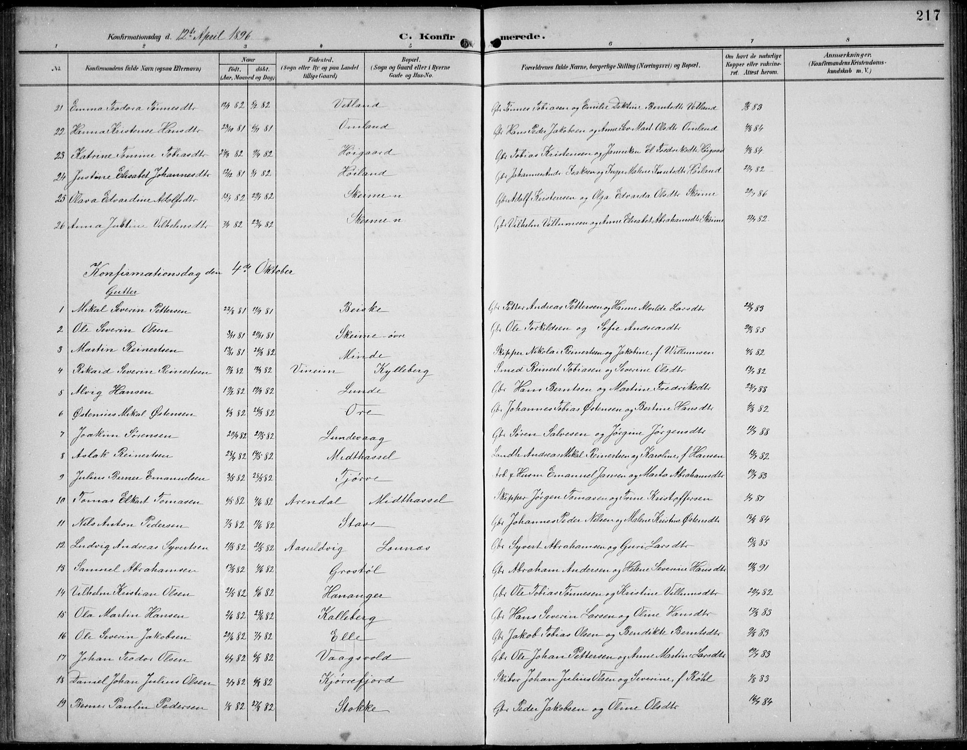 Lista sokneprestkontor, AV/SAK-1111-0027/F/Fb/L0005: Parish register (copy) no. B 5, 1892-1923, p. 217