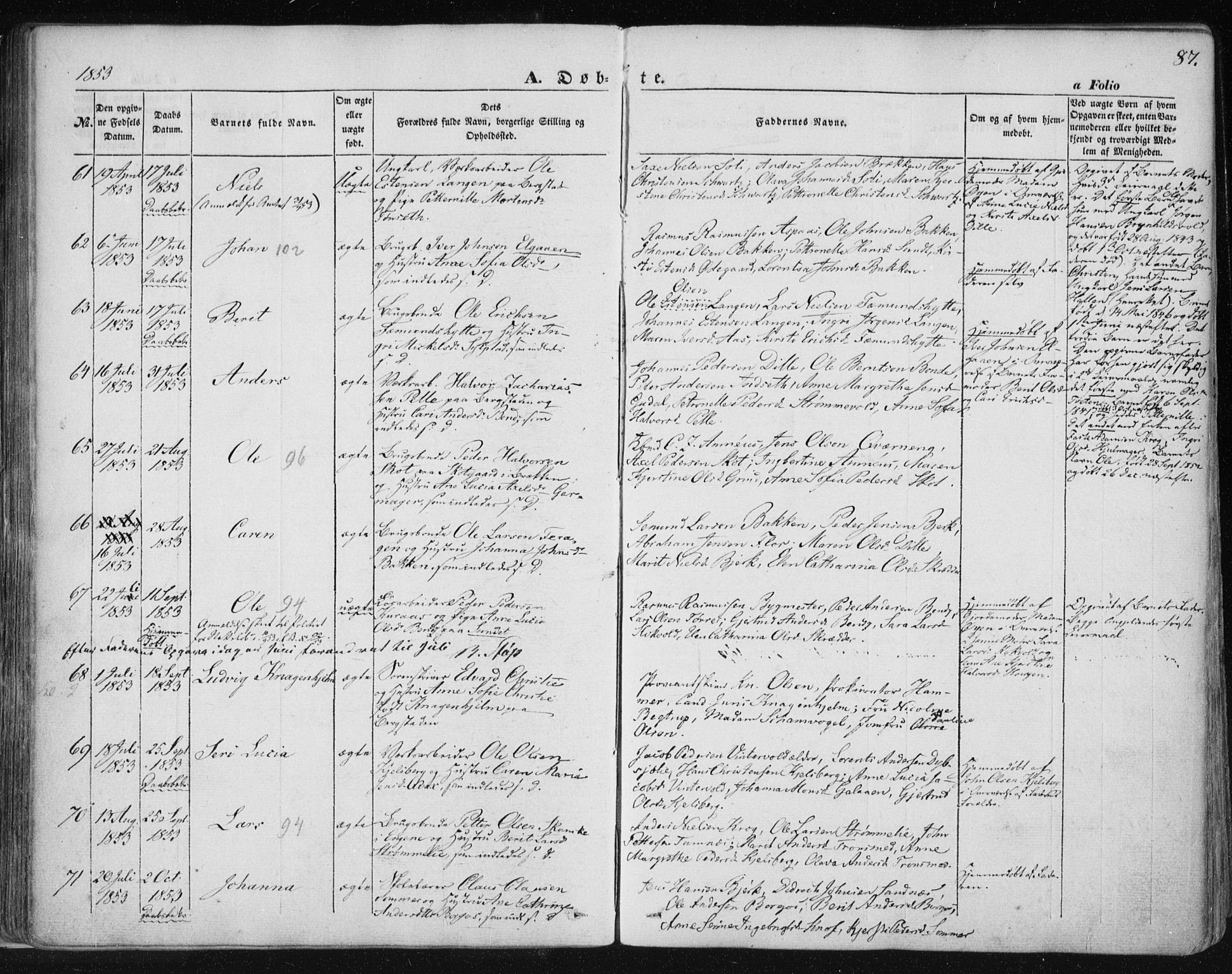 Ministerialprotokoller, klokkerbøker og fødselsregistre - Sør-Trøndelag, AV/SAT-A-1456/681/L0931: Parish register (official) no. 681A09, 1845-1859, p. 87