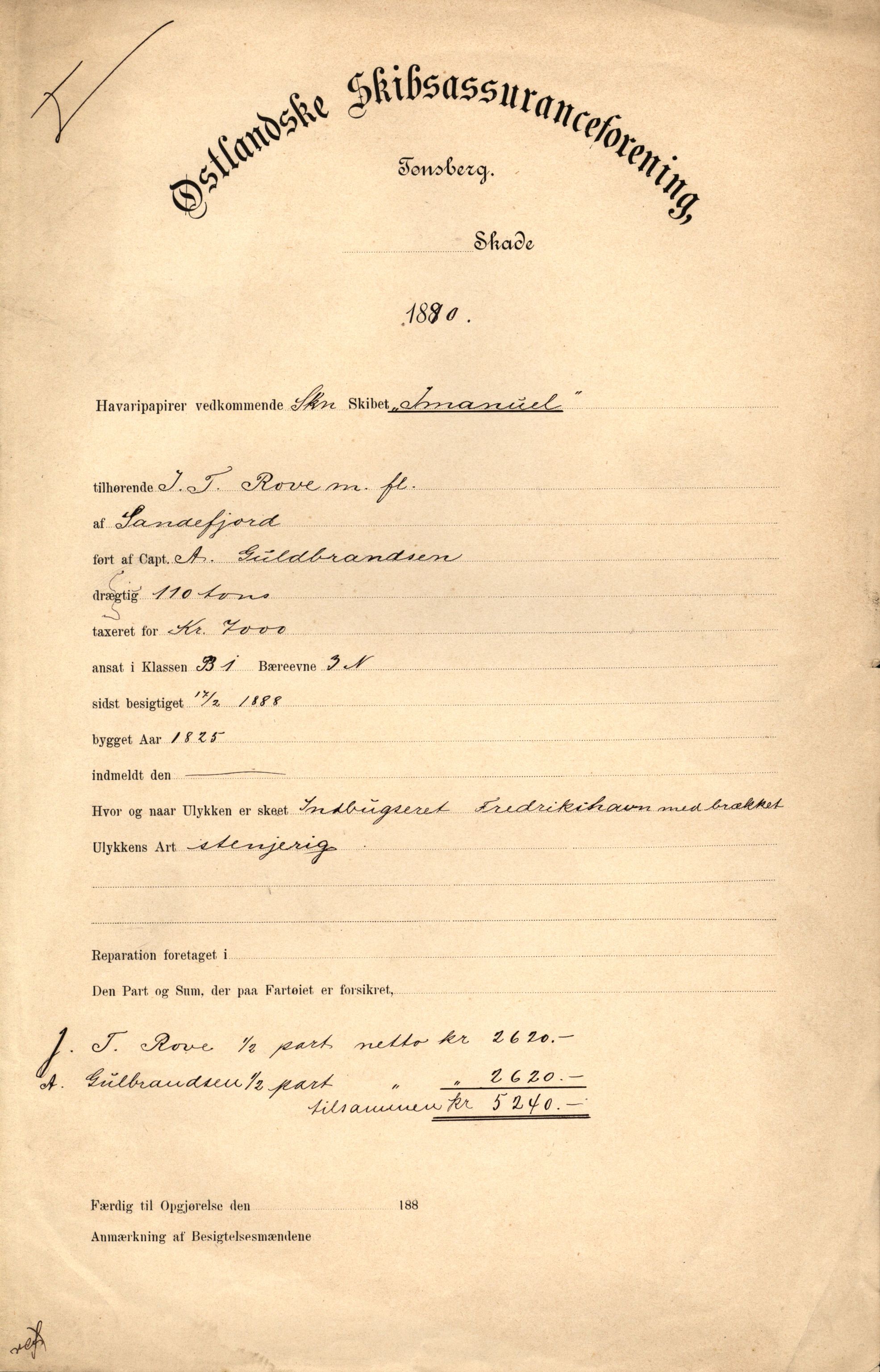 Pa 63 - Østlandske skibsassuranceforening, VEMU/A-1079/G/Ga/L0025/0004: Havaridokumenter / Imanuel, Hefhi, Guldregn, Haabet, Harald, Windsor, 1890, p. 1