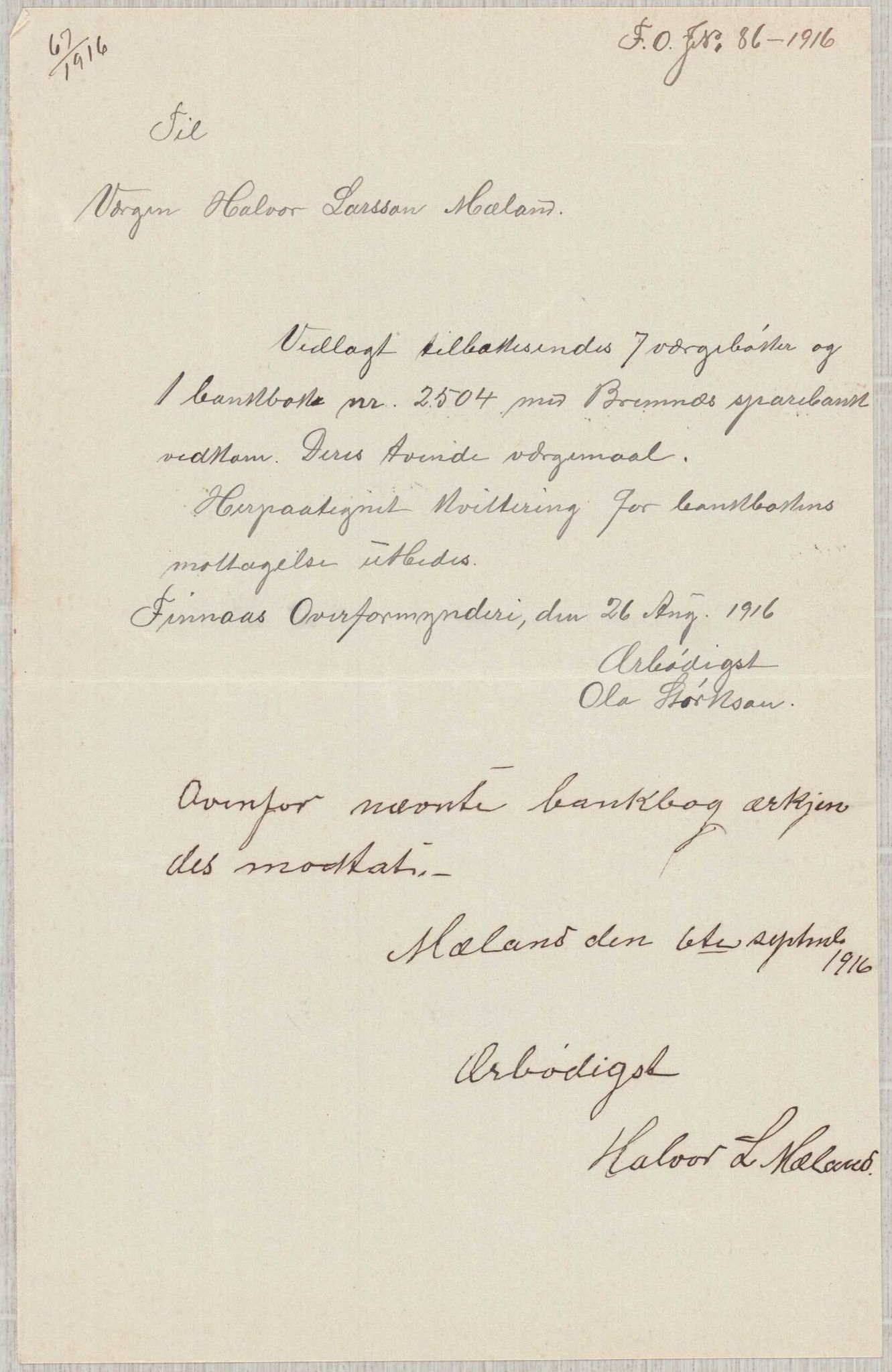 Finnaas kommune. Overformynderiet, IKAH/1218a-812/D/Da/Daa/L0003/0001: Kronologisk ordna korrespondanse / Kronologisk ordna korrespondanse, 1914-1916, p. 116