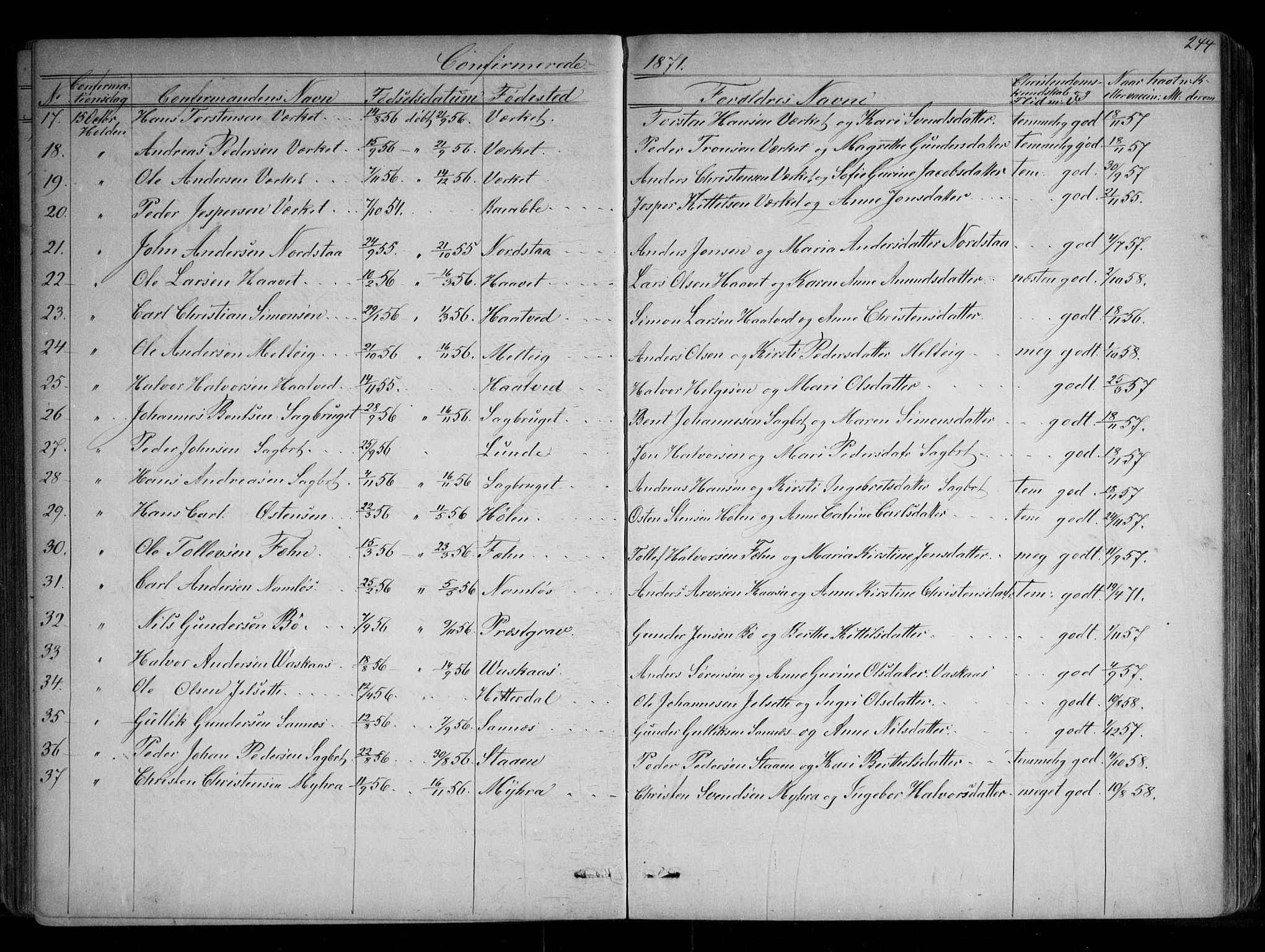 Holla kirkebøker, SAKO/A-272/G/Ga/L0004: Parish register (copy) no. I 4, 1867-1890, p. 244