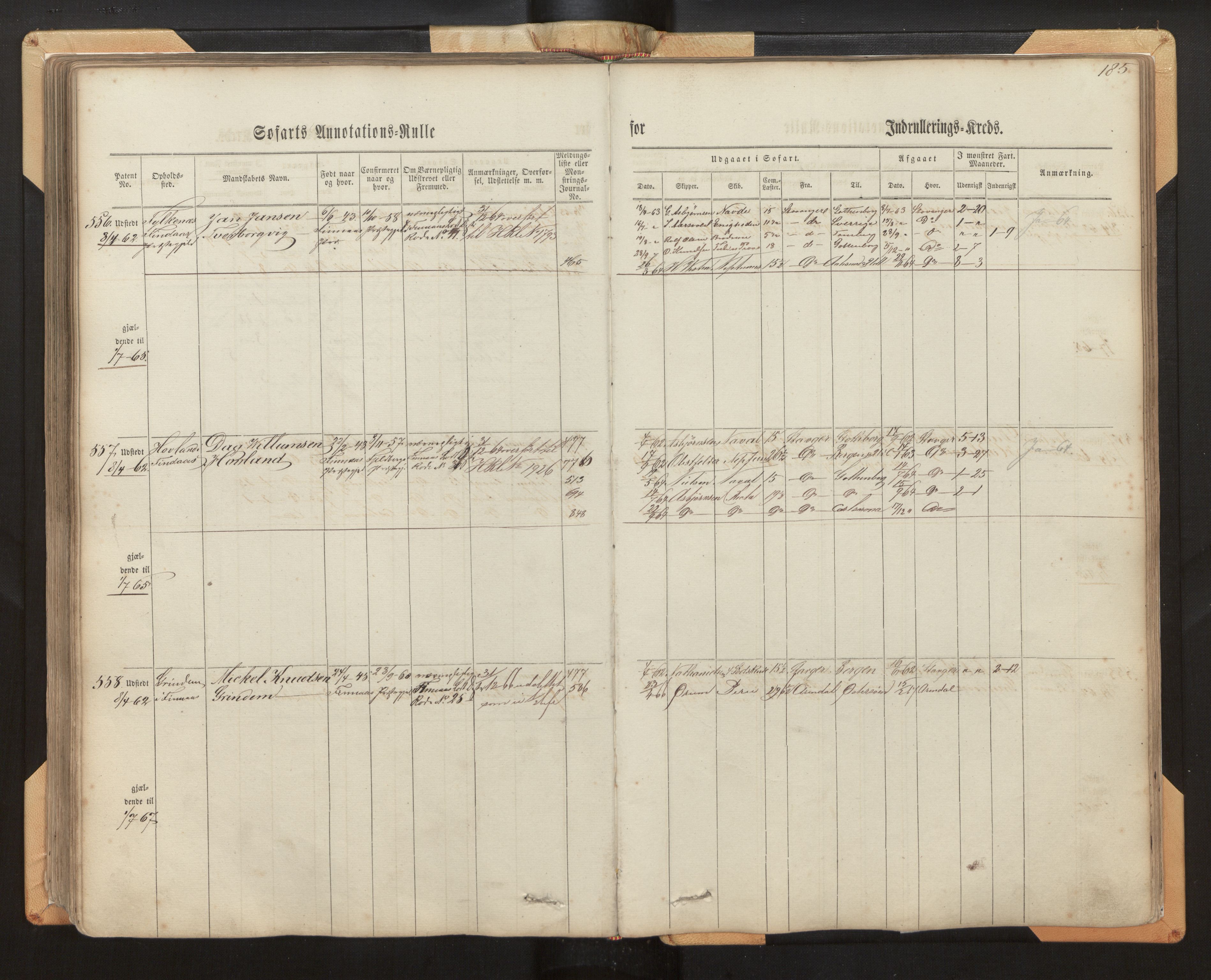 Innrulleringssjefen i Bergen, AV/SAB-A-100050/F/Fh/L0005: Sjøfarts- og annotasjonsrulle for Bergen krets, fol. 1 - 238, 1860-1867, p. 185