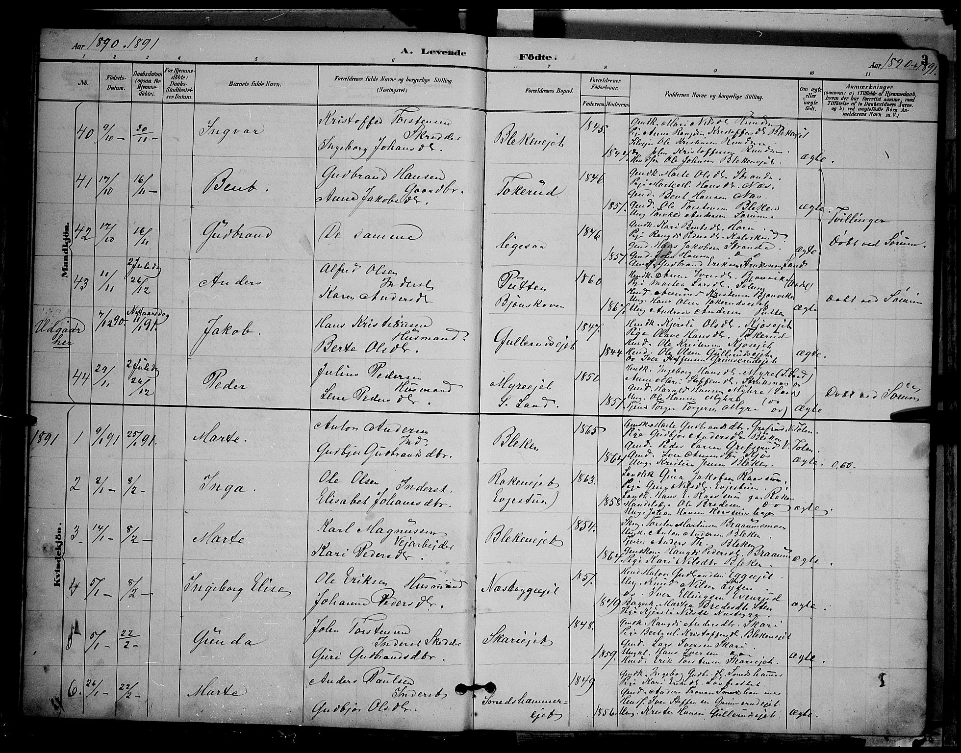 Gran prestekontor, SAH/PREST-112/H/Ha/Hab/L0004: Parish register (copy) no. 4, 1890-1899, p. 3