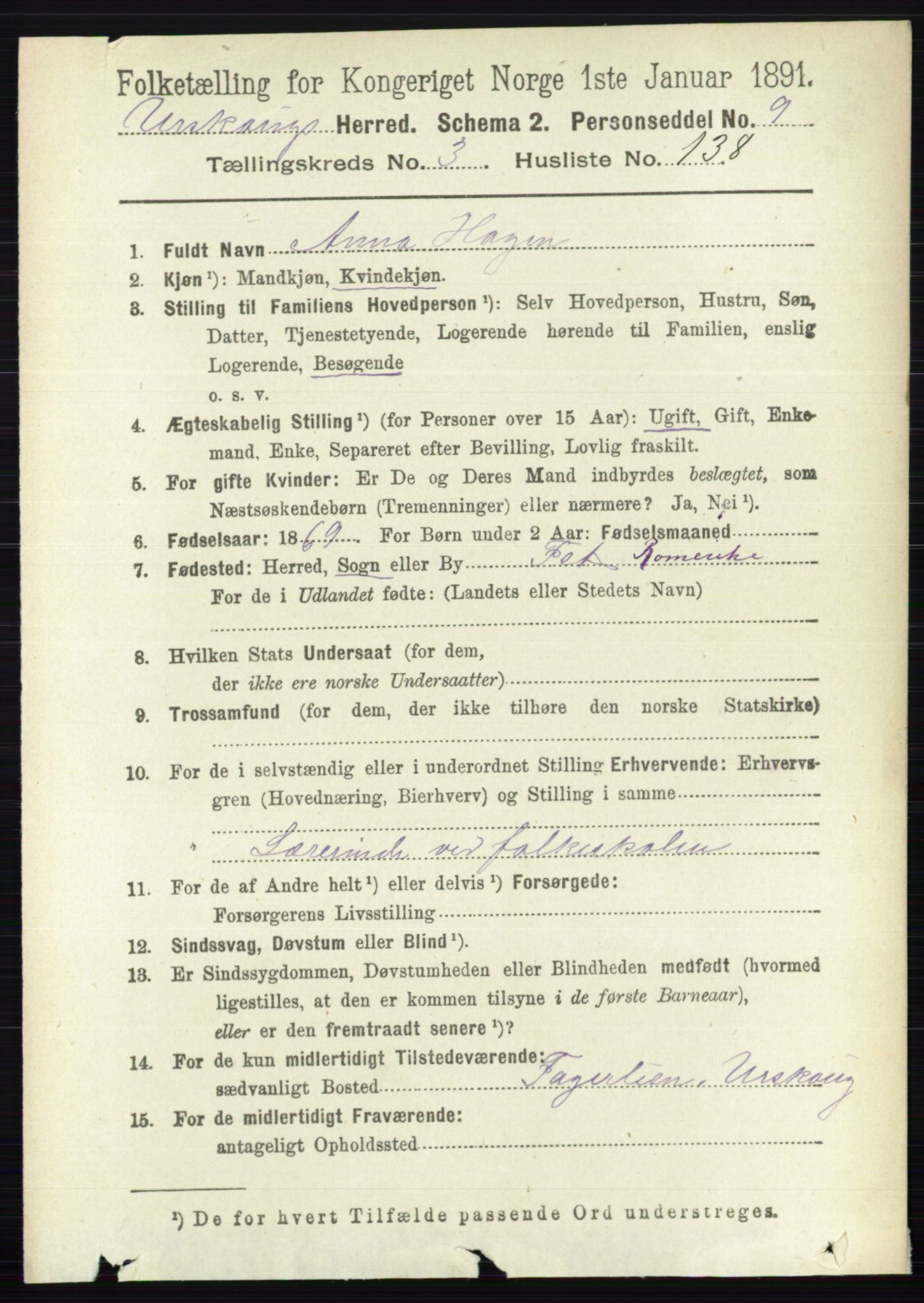 RA, 1891 census for 0224 Aurskog, 1891, p. 1395